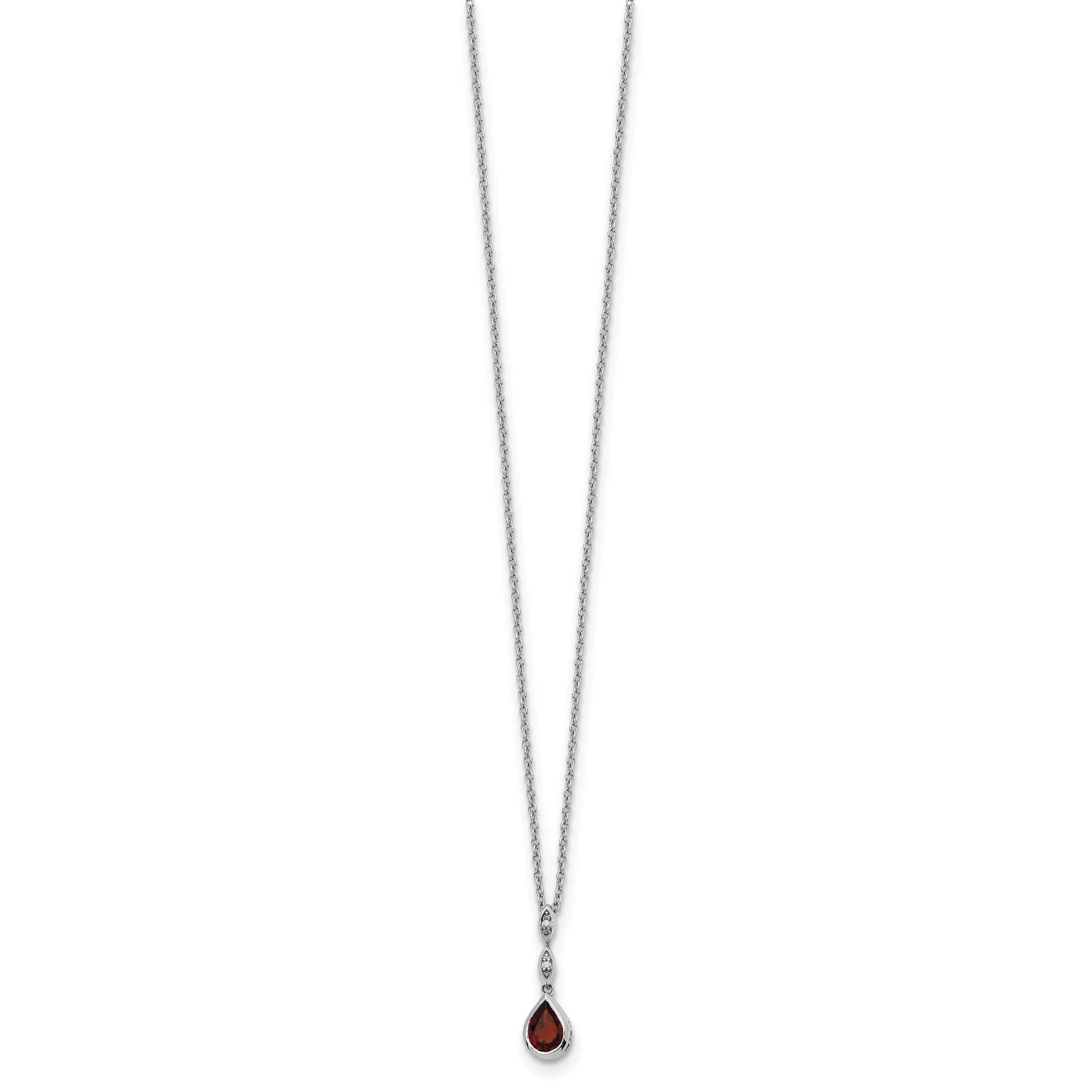 SS RH Plated White Ice .01 ct. Diamond and Garnet w/2IN Ext. Necklace