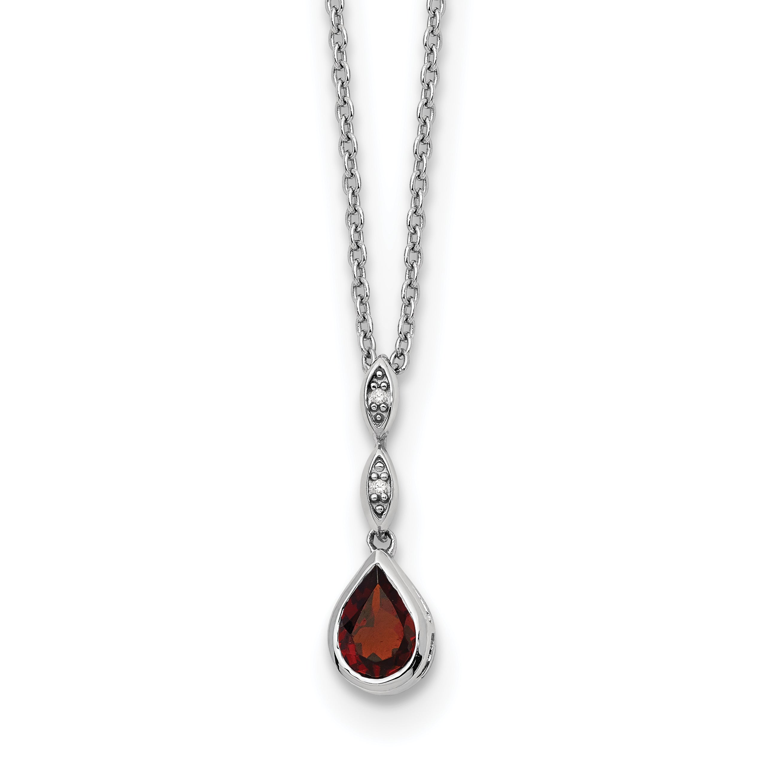 SS RH Plated White Ice .01 ct. Diamond and Garnet w/2IN Ext. Necklace