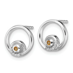 Sterling Silver RH Plated White Ice .03ct. Dia. and Citrine Post Earrings