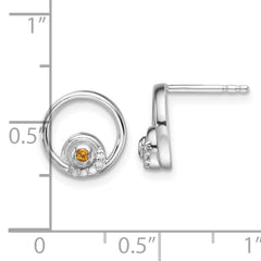 Sterling Silver RH Plated White Ice .03ct. Dia. and Citrine Post Earrings