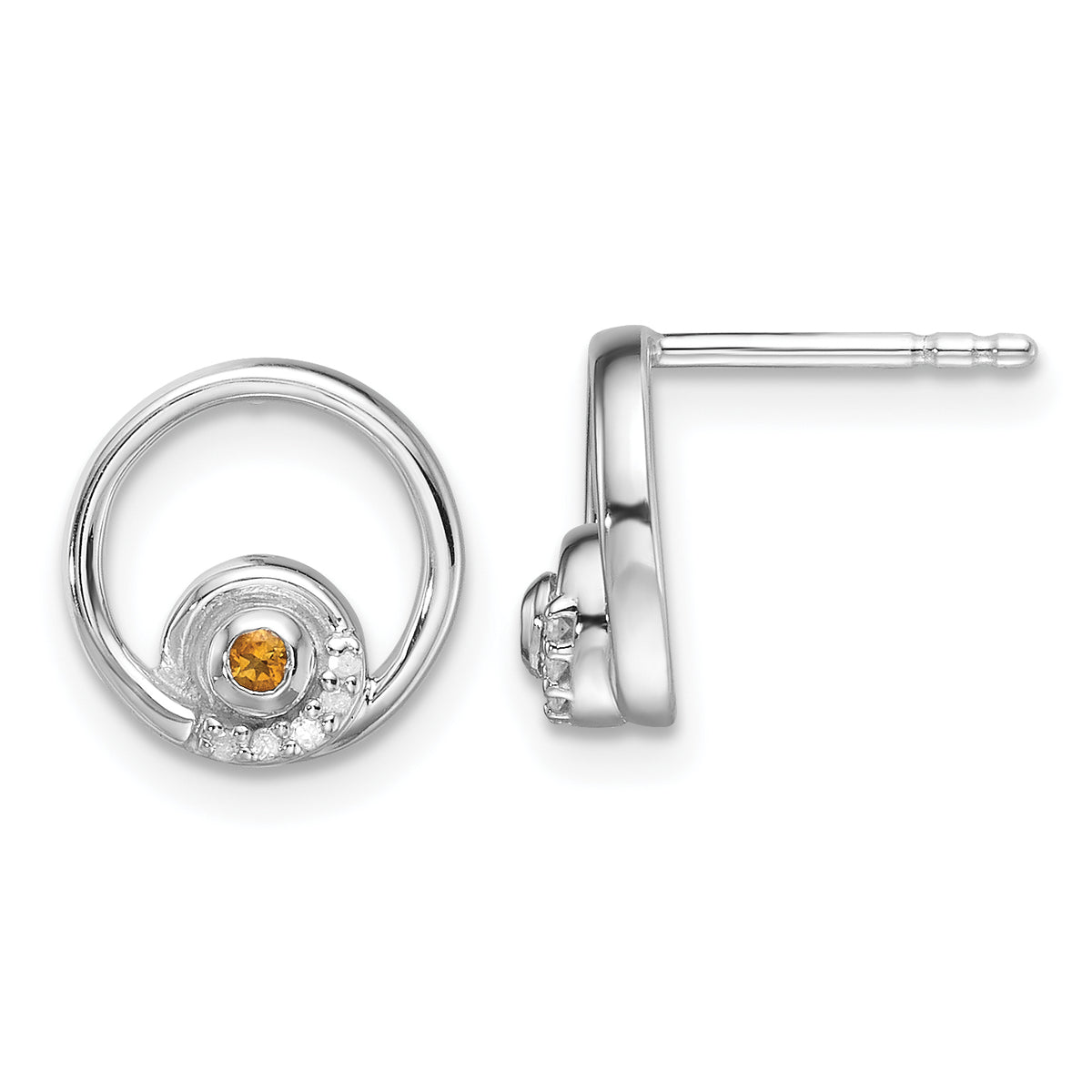 Sterling Silver RH Plated White Ice .03ct. Dia. and Citrine Post Earrings