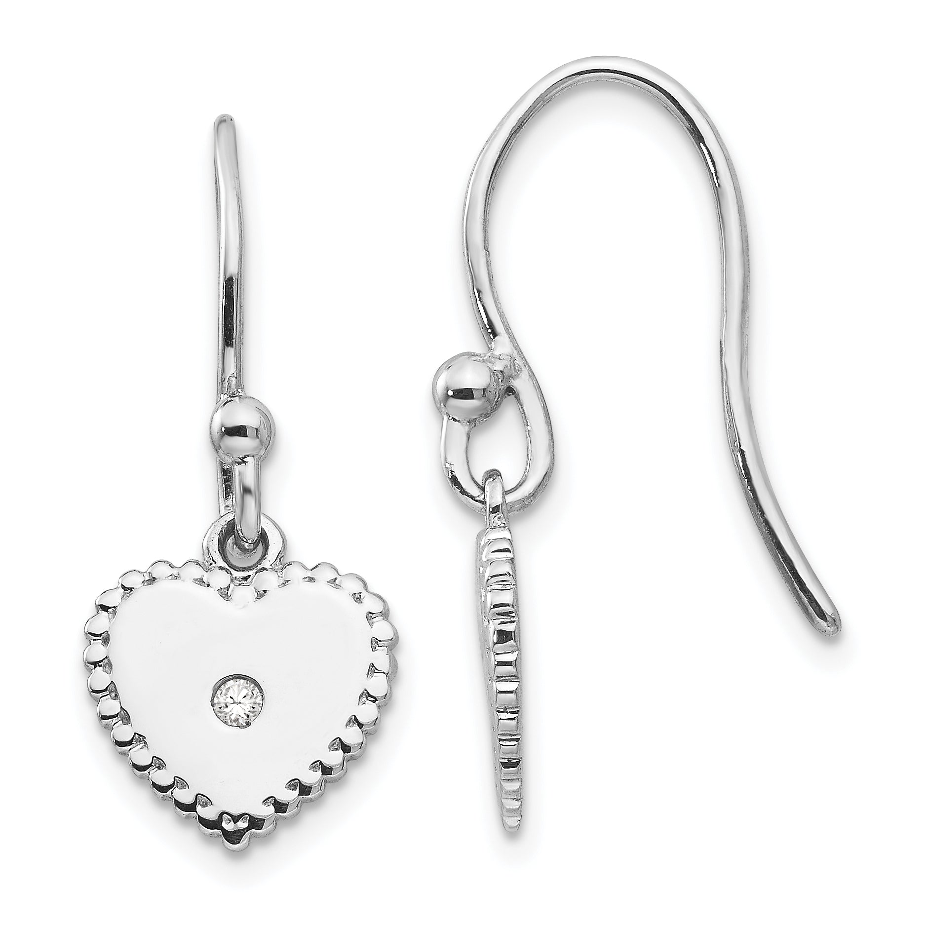 White Ice Sterling Silver Rhodium-plated Diamond Shepherd Hook Heart Dangle Earrings