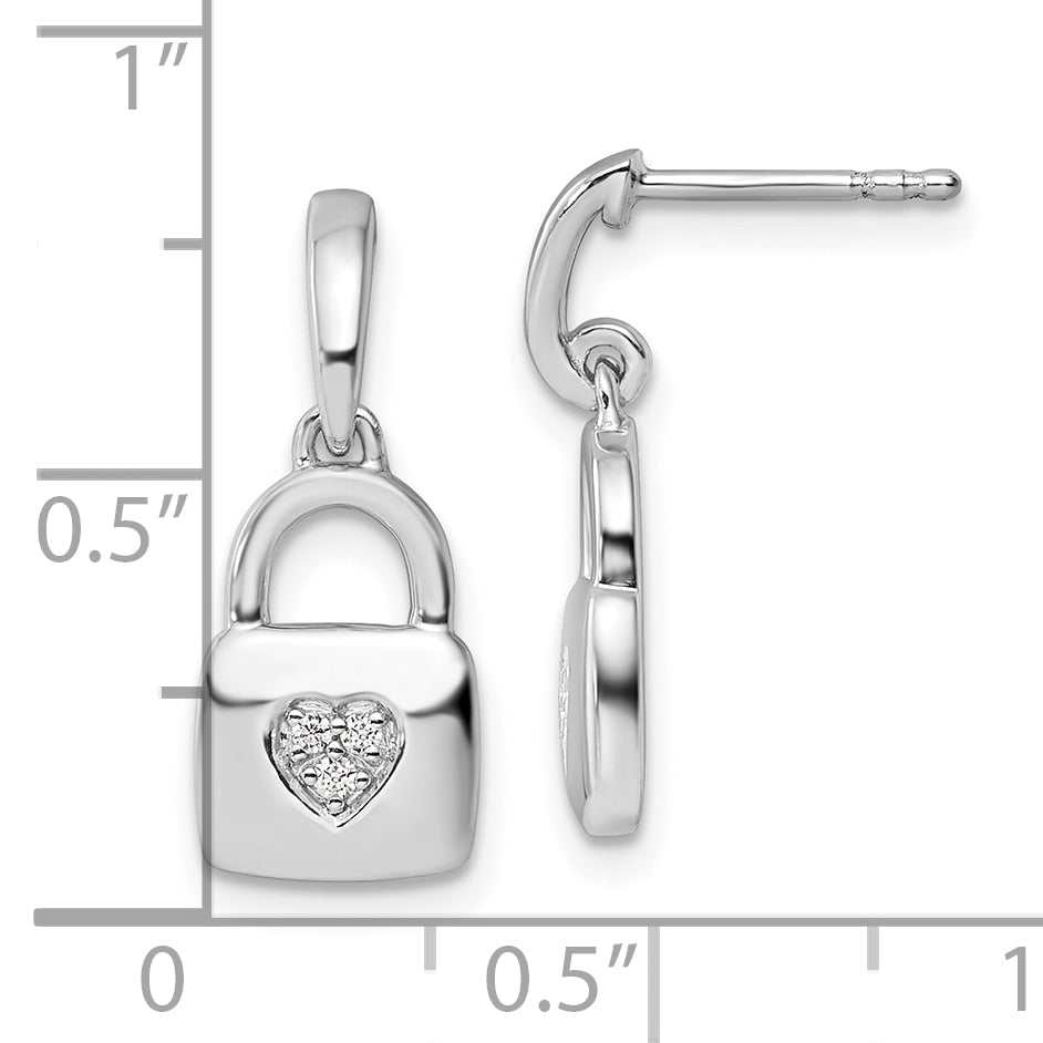 White Ice Sterling Silver Rhodium-plated Diamond Heart Lock Dangle Post Earrings