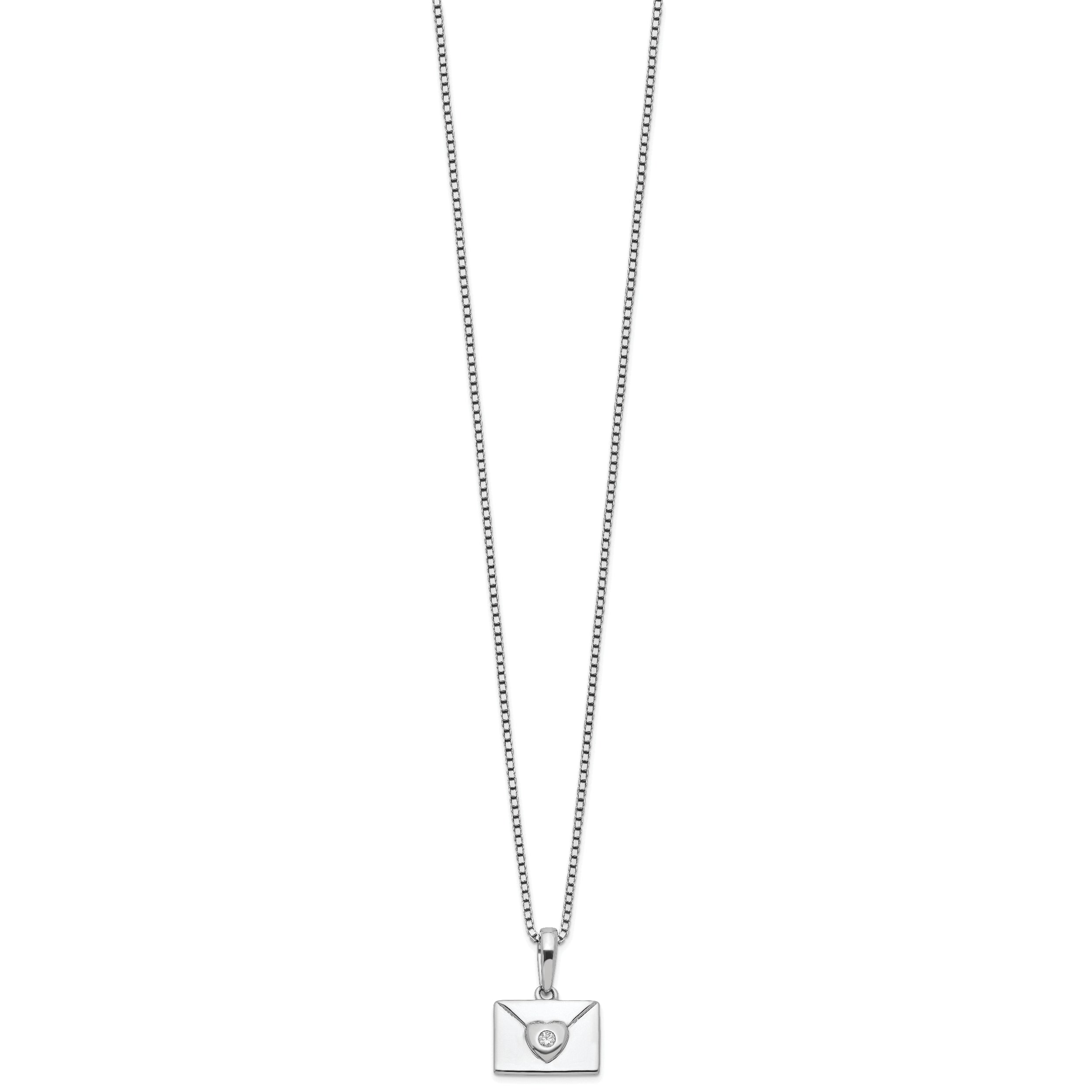 White Ice Sterling Silver Rhodium-plated 18 Inch Diamond Heart Envelope Necklace with 2 Inch Extender