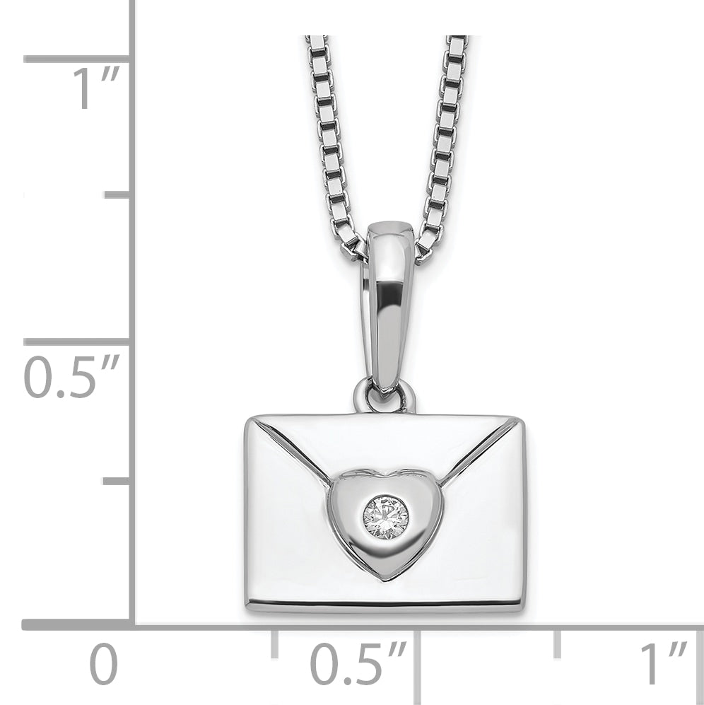 White Ice Sterling Silver Rhodium-plated 18 Inch Diamond Heart Envelope Necklace with 2 Inch Extender