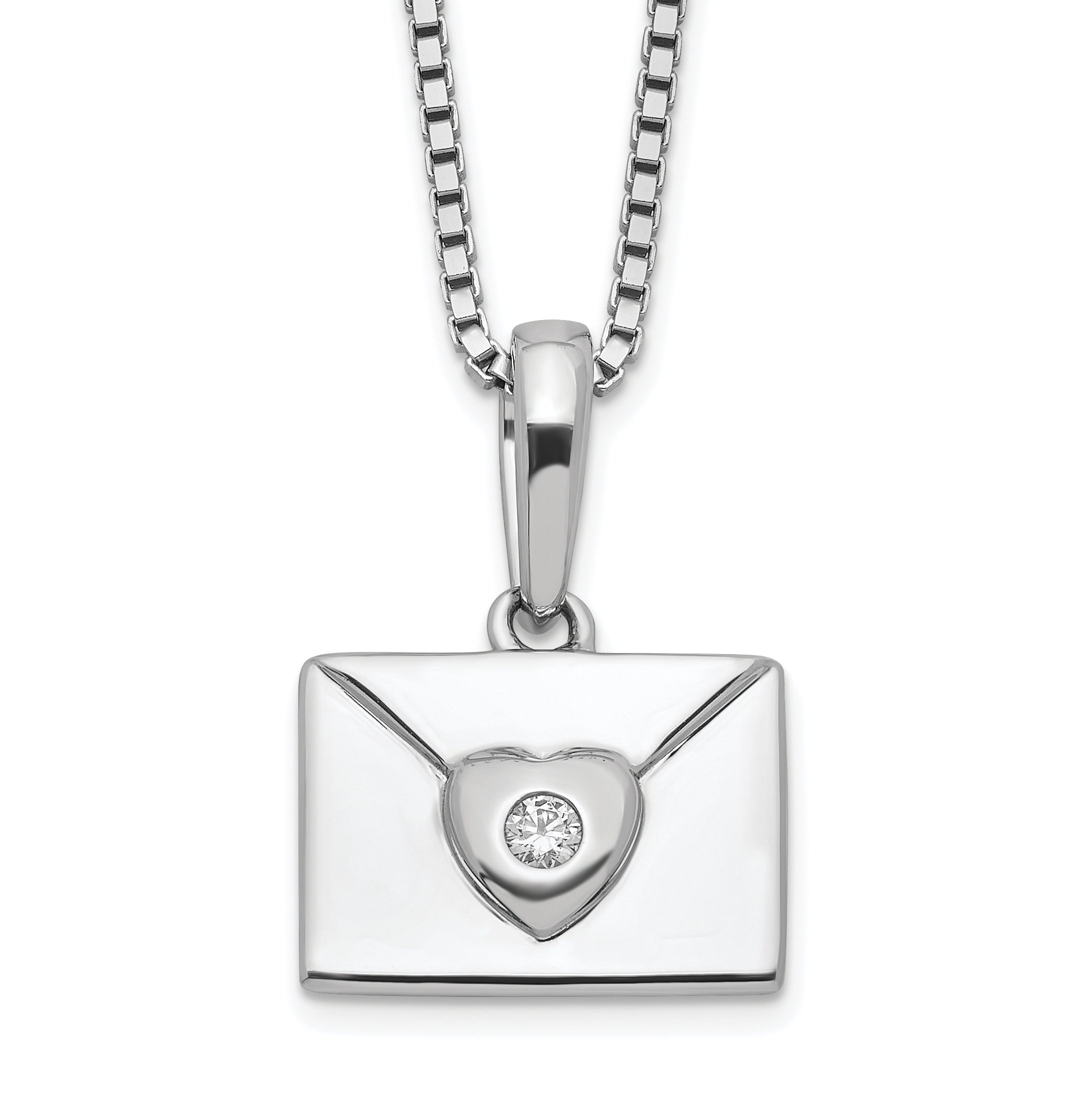 White Ice Sterling Silver Rhodium-plated 18 Inch Diamond Heart Envelope Necklace with 2 Inch Extender