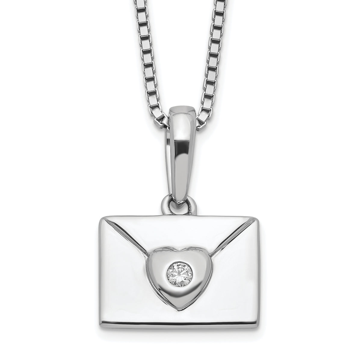 White Ice Sterling Silver Rhodium-plated 18 Inch Diamond Heart Envelope Necklace with 2 Inch Extender