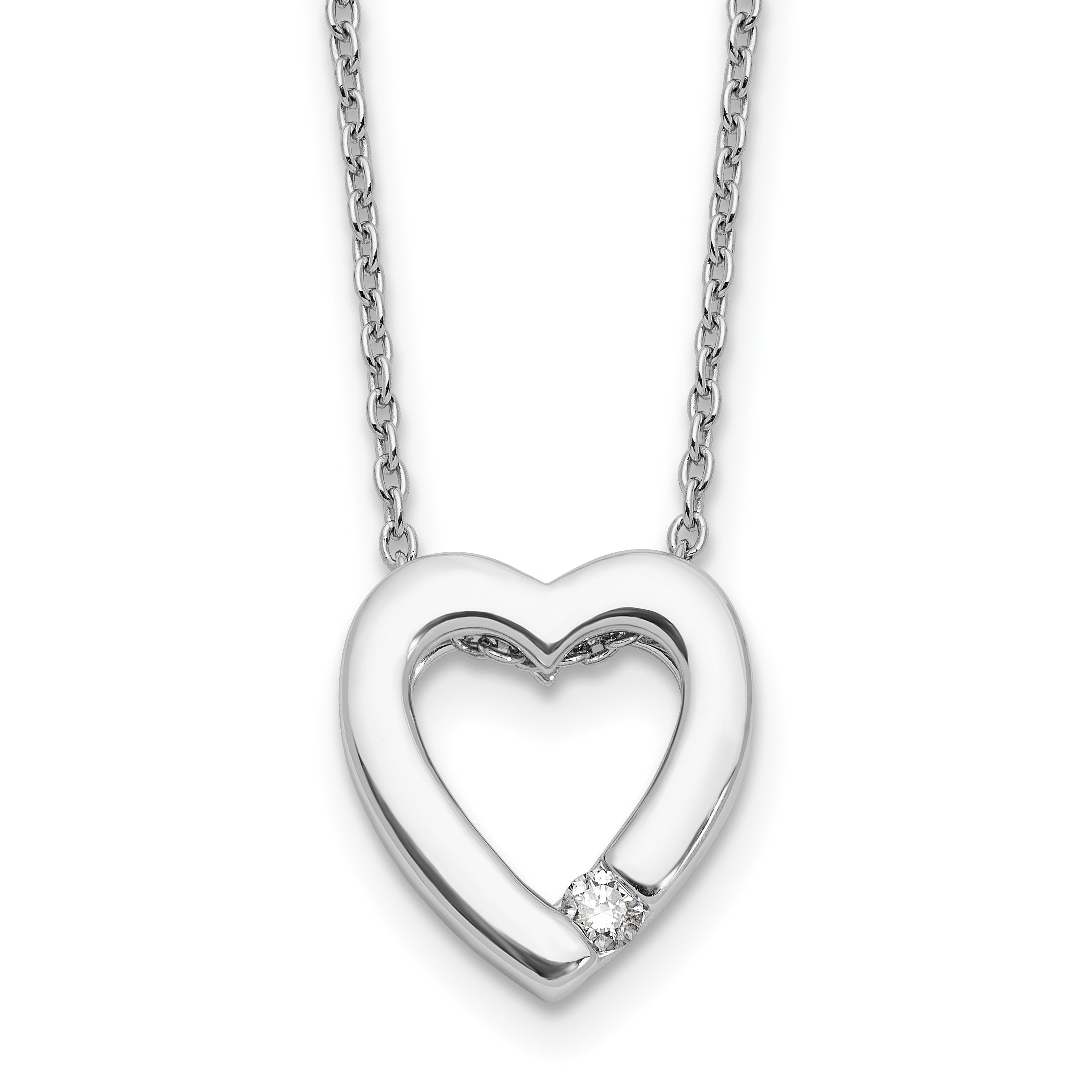 Sterling Silver RH Plated White Ice .07ct Diamond Heart w2/IN EXT Necklace