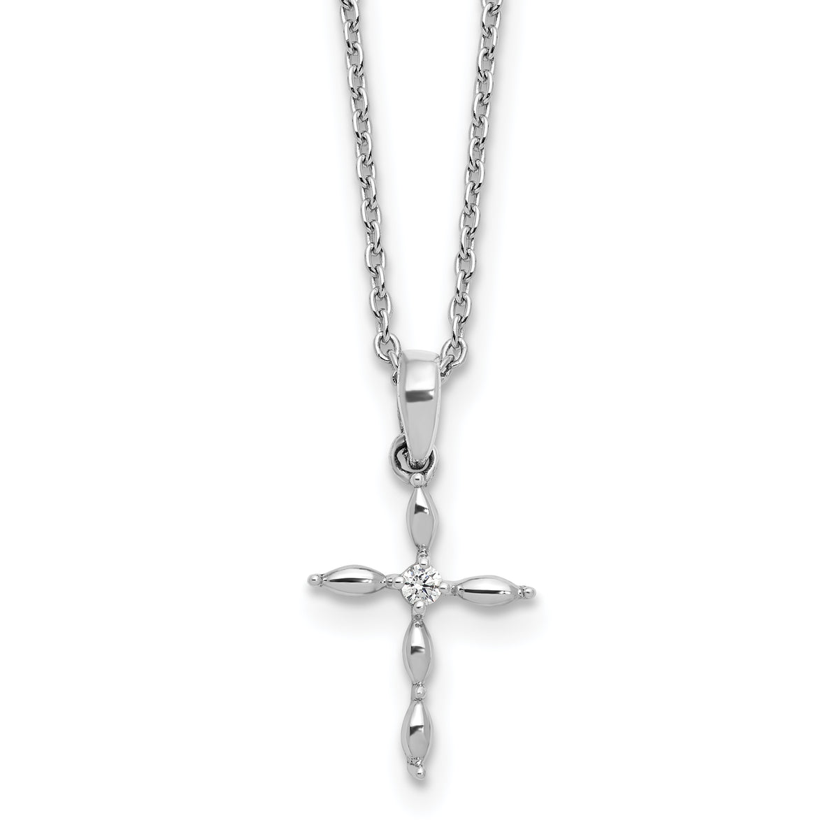 Sterling Silver RH Plated White Ice Diamond Cross w/2IN EXT Necklace