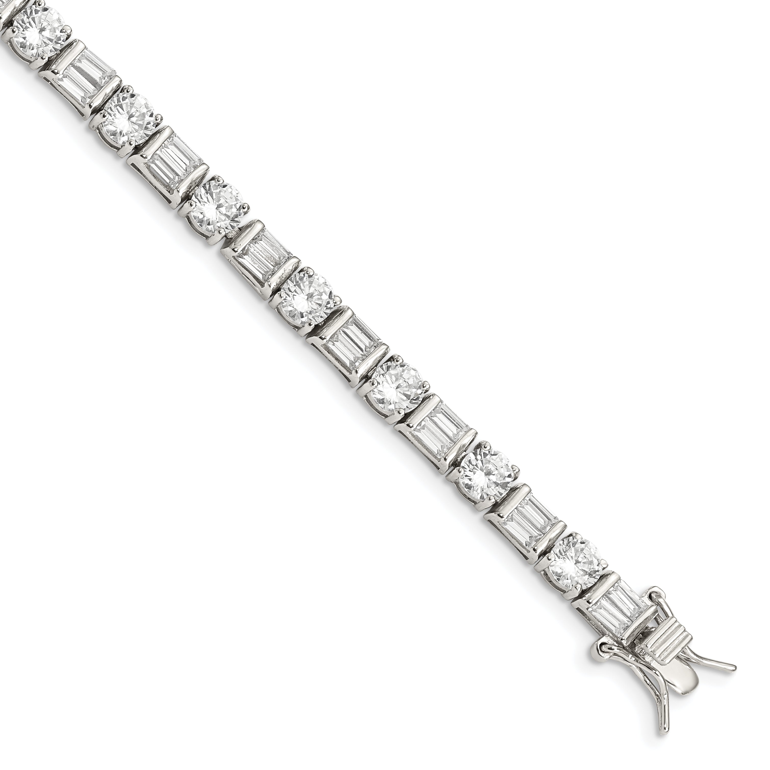 Sterling Silver Rhodium-plated Baguette and Round CZ Bracelet