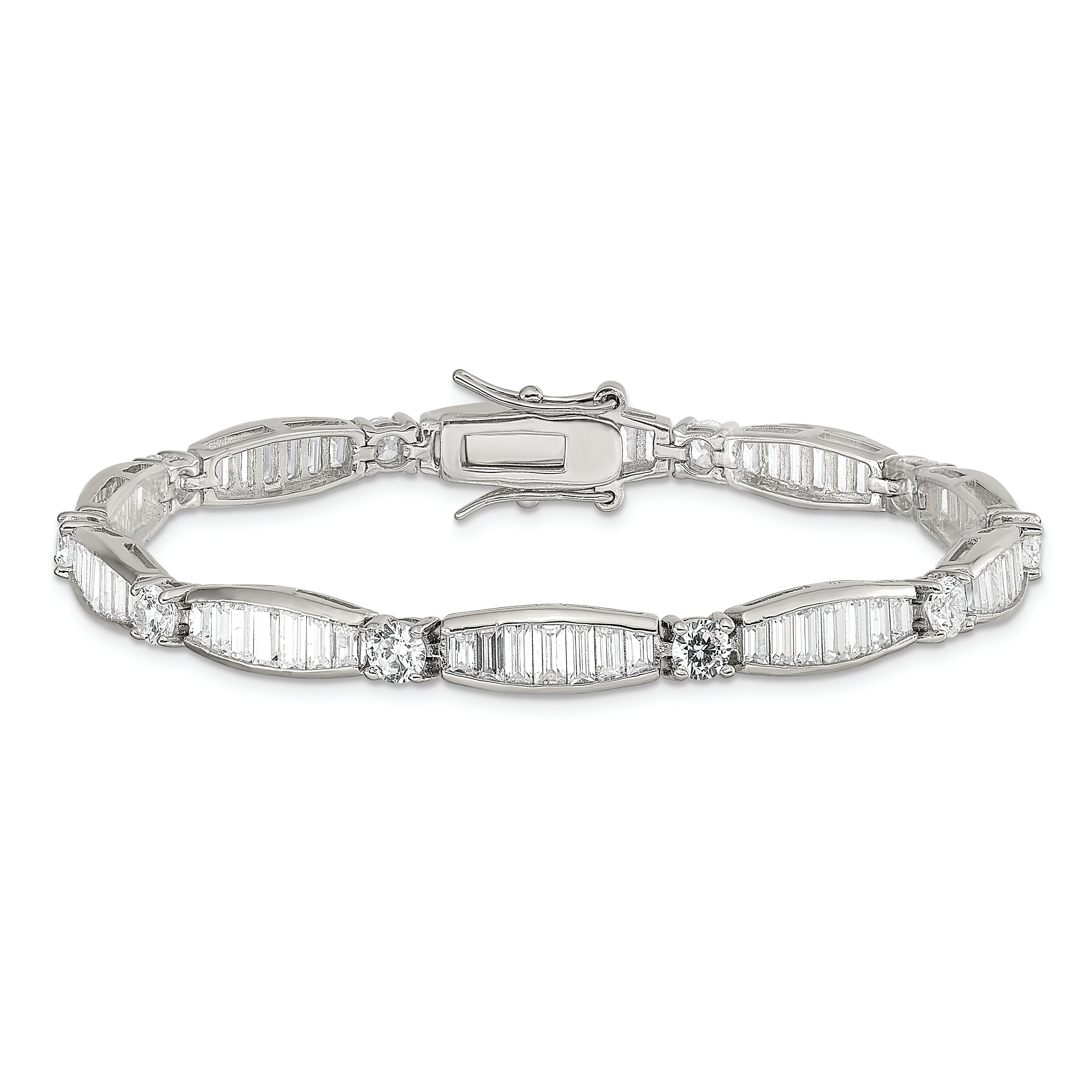 Sterling Silver Rhodium-plated Baguette and Round CZ Bracelet