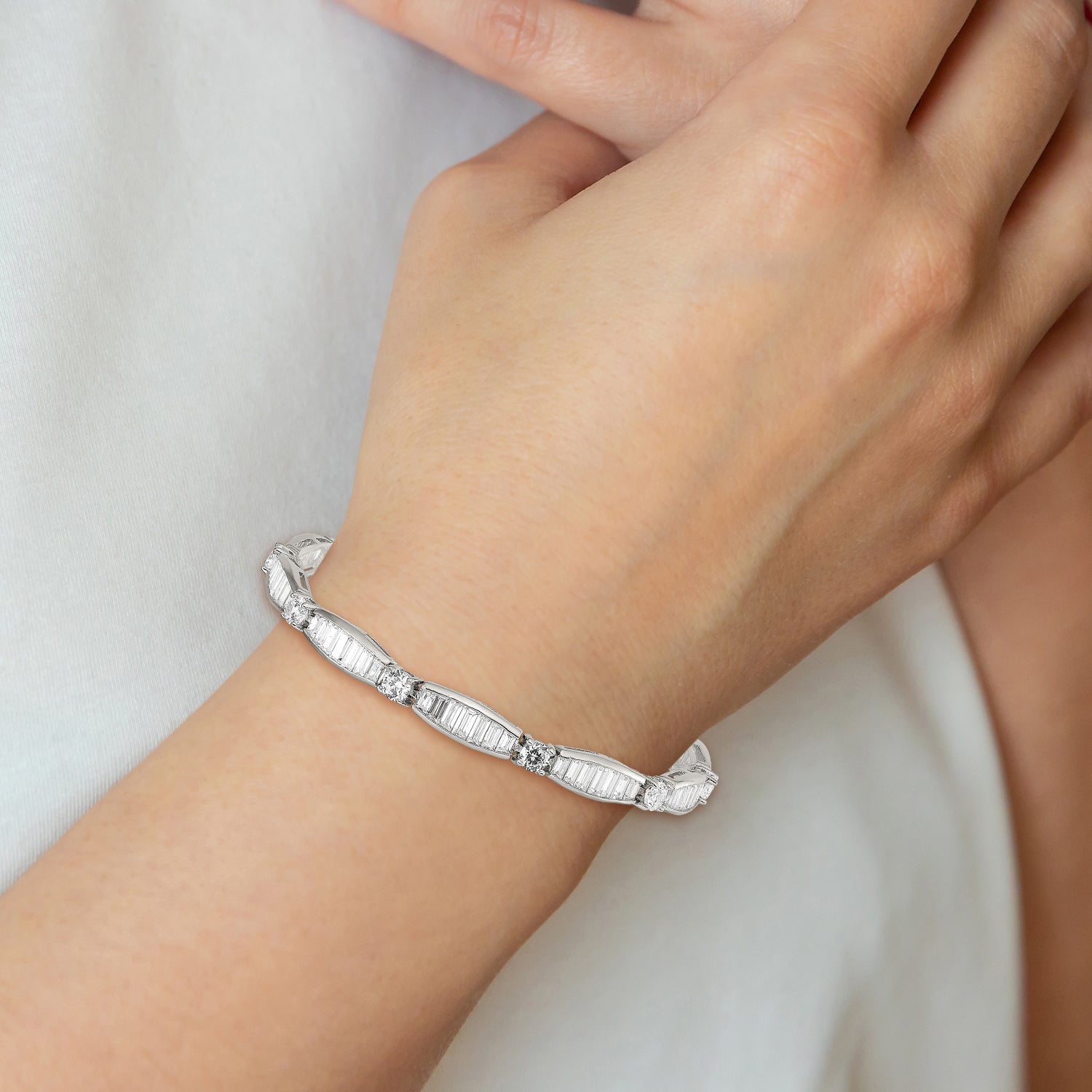 Sterling Silver Rhodium-plated Baguette and Round CZ Bracelet