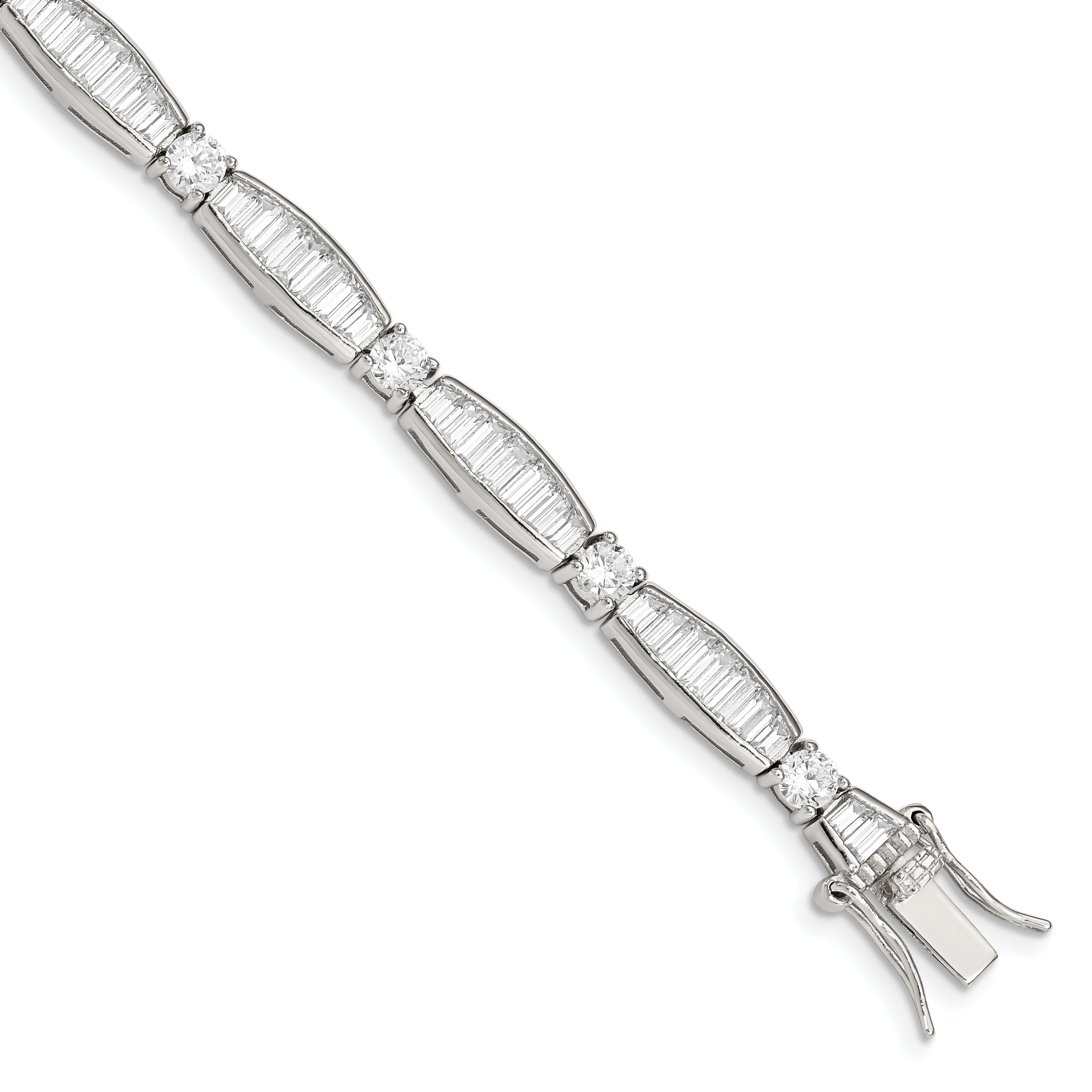 Sterling Silver Rhodium-plated Baguette and Round CZ Bracelet