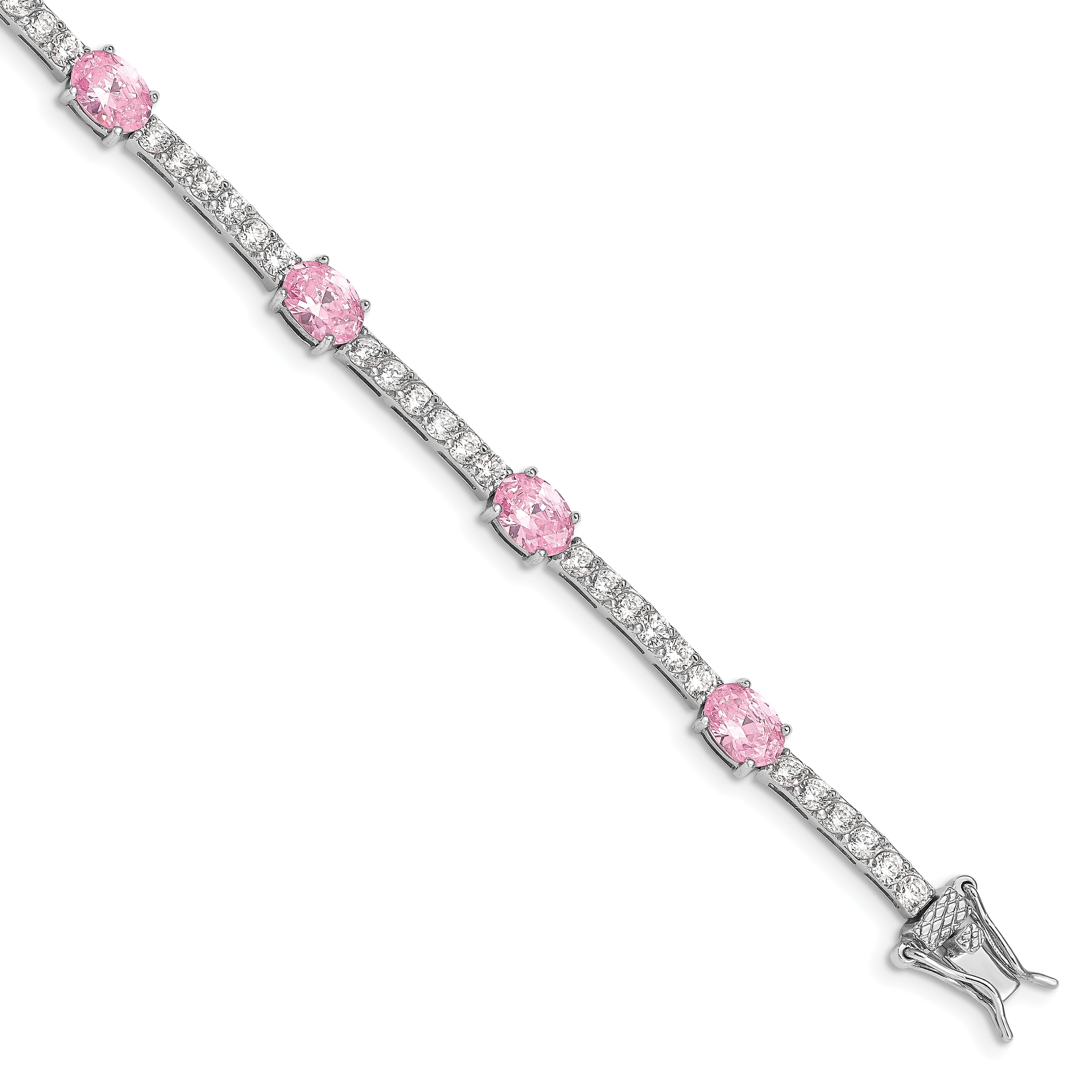 Sterling Silver Rhodium-plated 7inch Pink and Clear CZ Bracelet