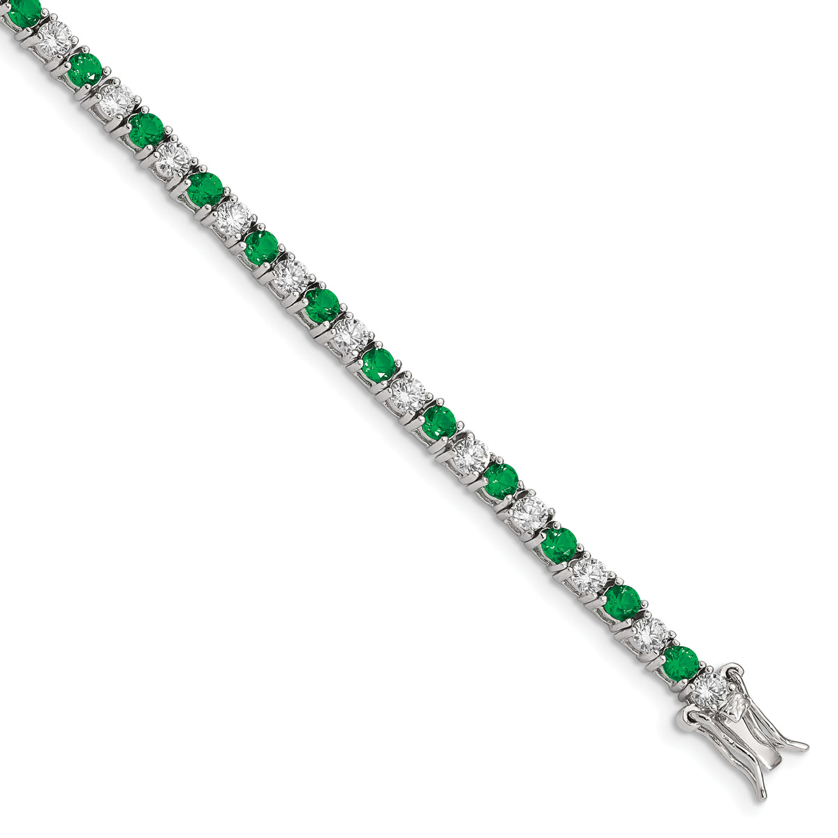 Sterling Silver Rhodium-plated Green Glass and CZ  7 inch Bracelet