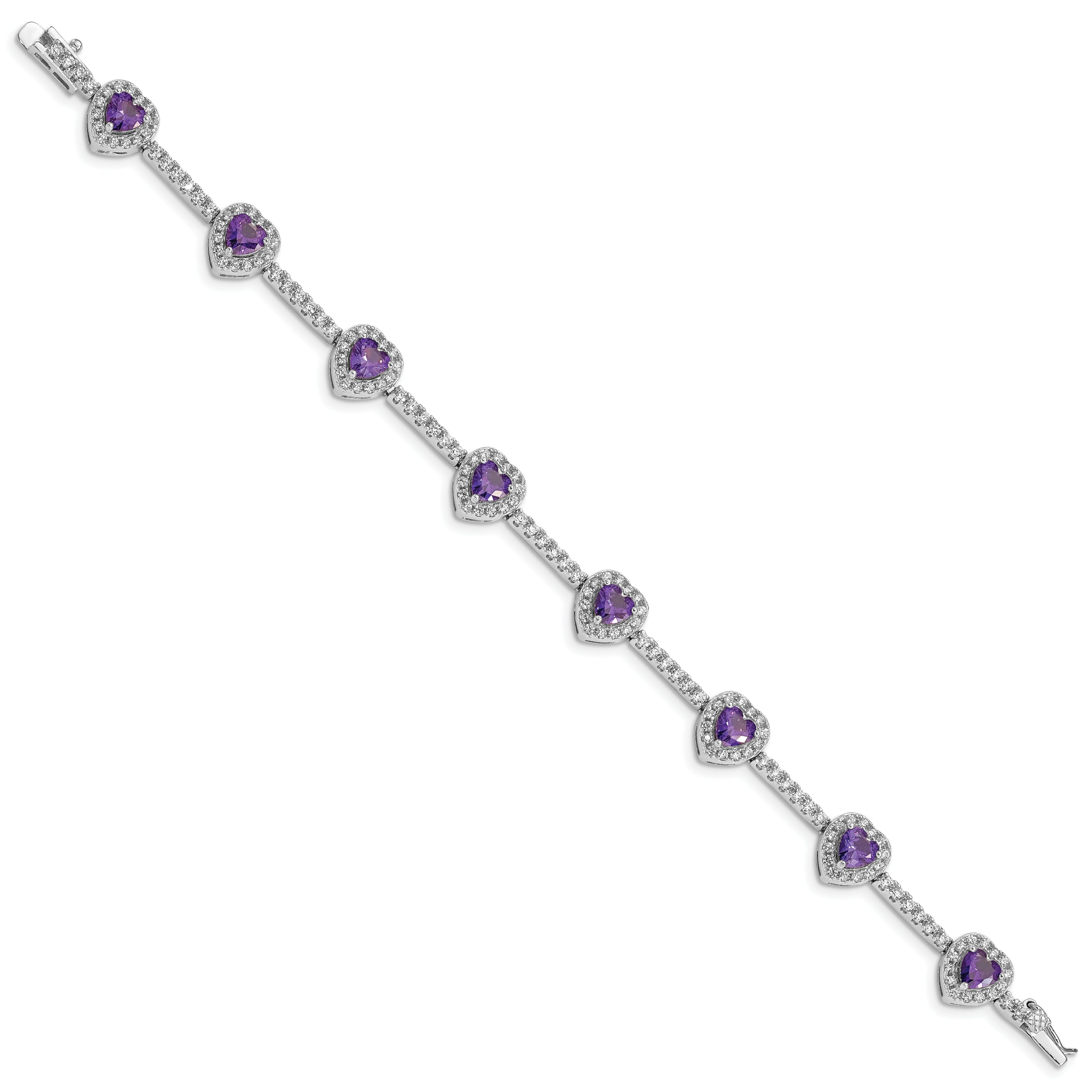 Sterling Silver Rhodium-plated Amethyst and Clear CZ Heart Bracelet