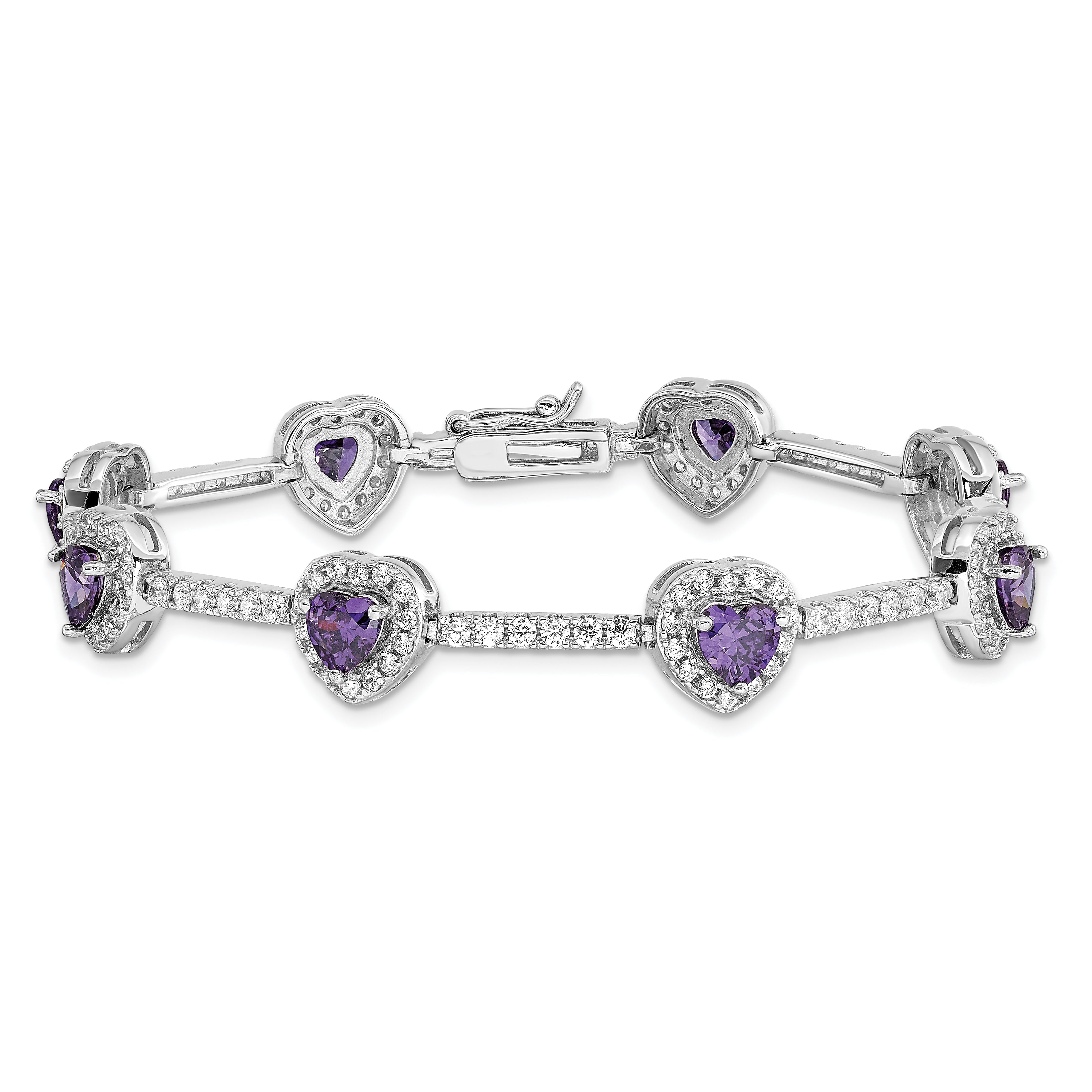 Sterling Silver Rhodium-plated Amethyst and Clear CZ Heart Bracelet