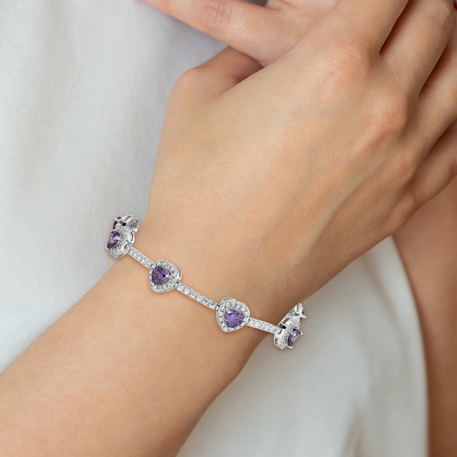 Sterling Silver Rhodium-plated Amethyst and Clear CZ Heart Bracelet