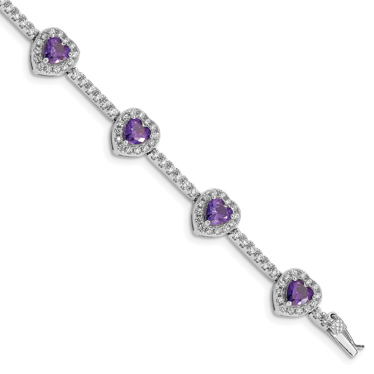 Sterling Silver Rhodium-plated Amethyst and Clear CZ Heart Bracelet