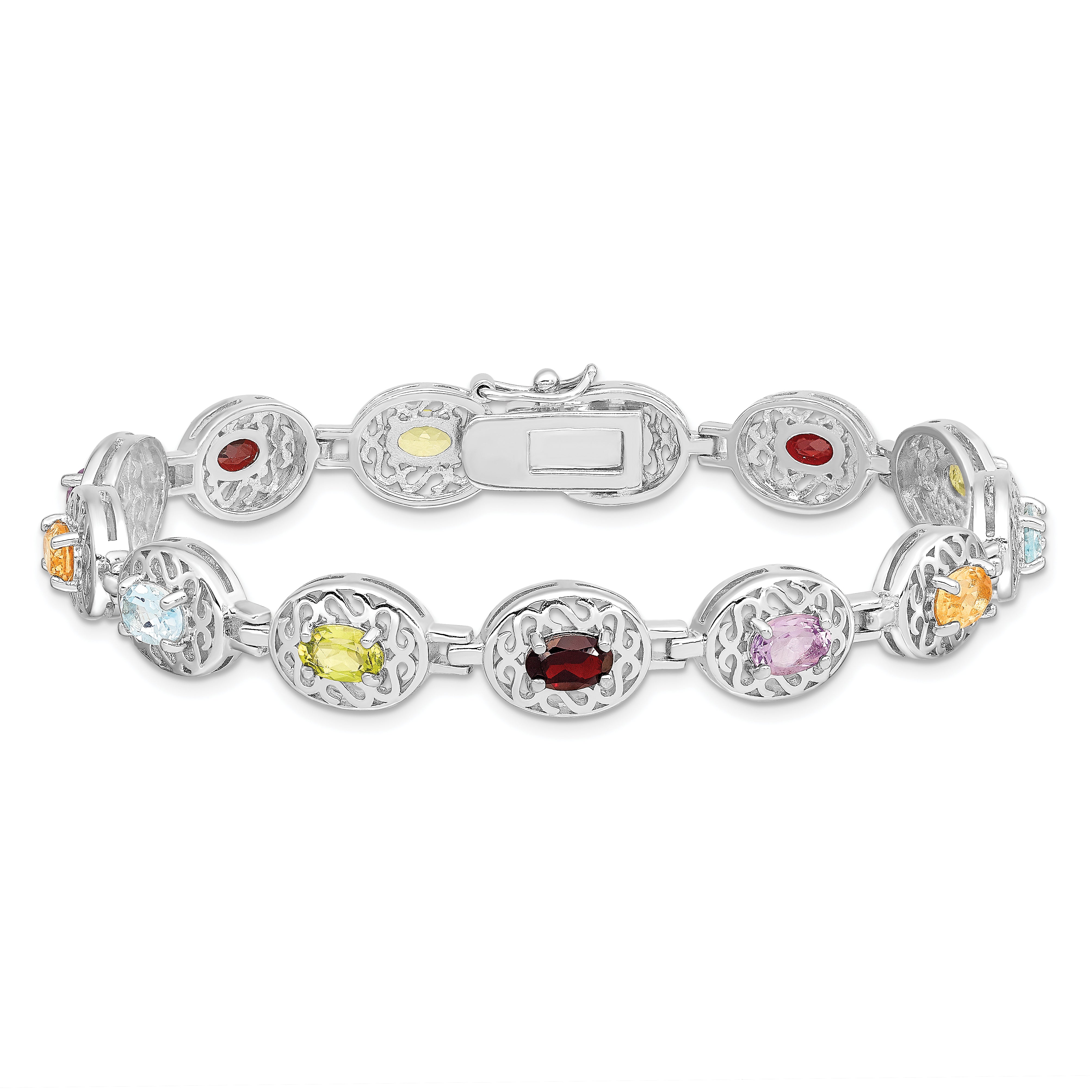 Sterling Silver Rhodium Plated 6.5inch Multi-gemstone Bracelet