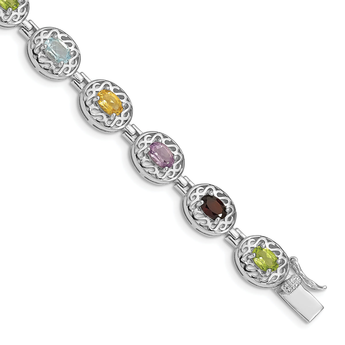 Sterling Silver Rhodium Plated 6.5inch Multi-gemstone Bracelet