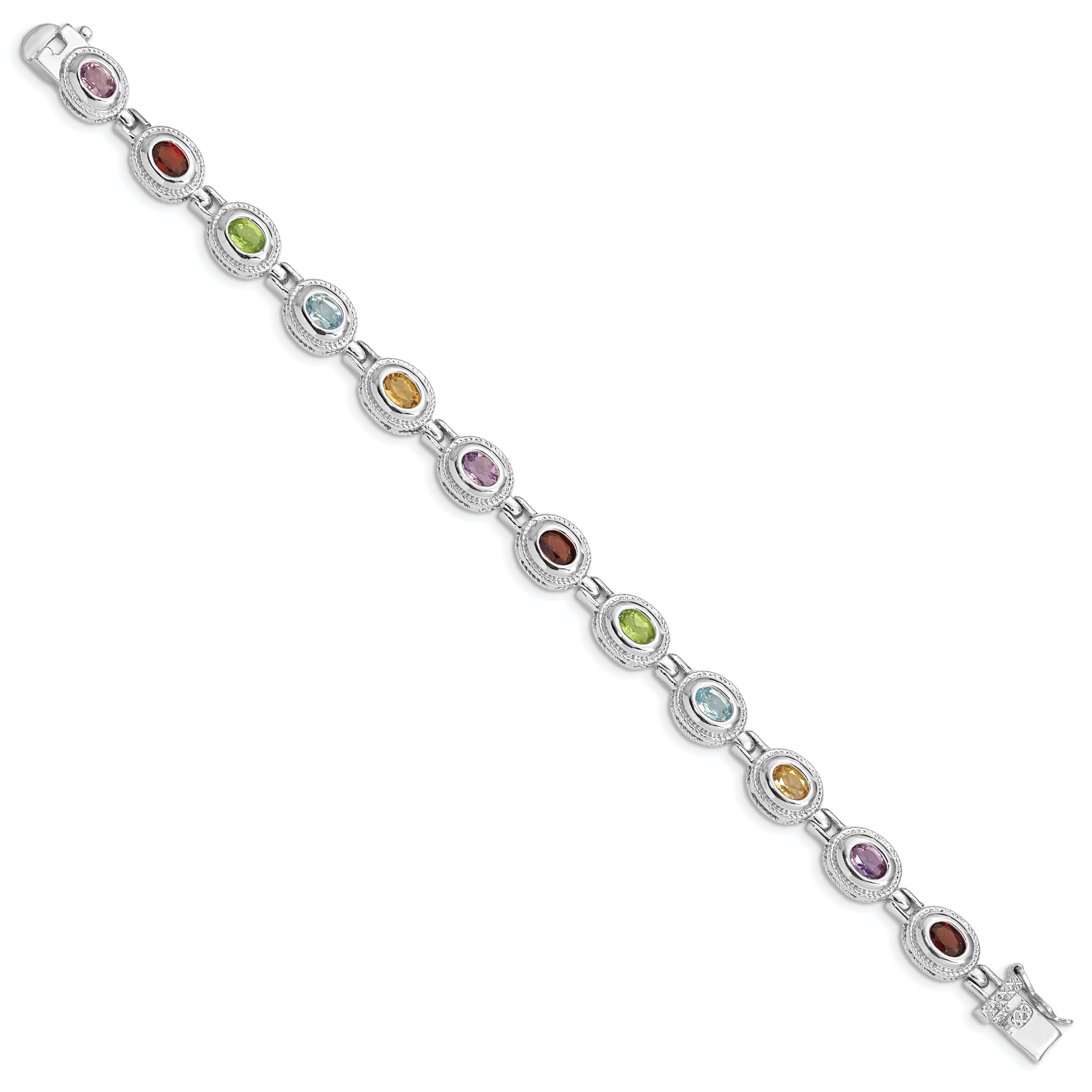 Sterling Silver Rhod-pltd 7inch Rainbow Multi-gemstone Bracelet