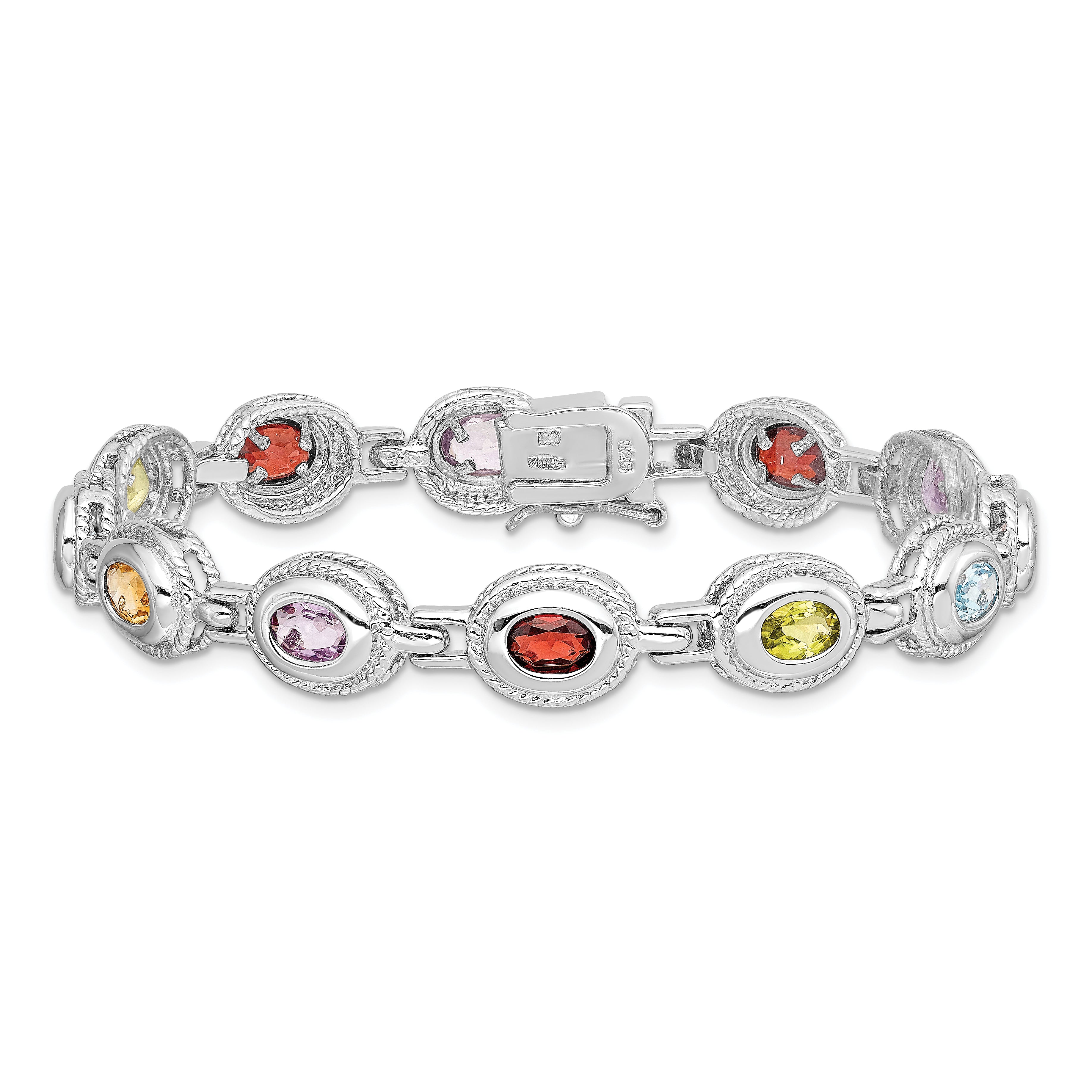 Sterling Silver Rhod-pltd 7inch Rainbow Multi-gemstone Bracelet