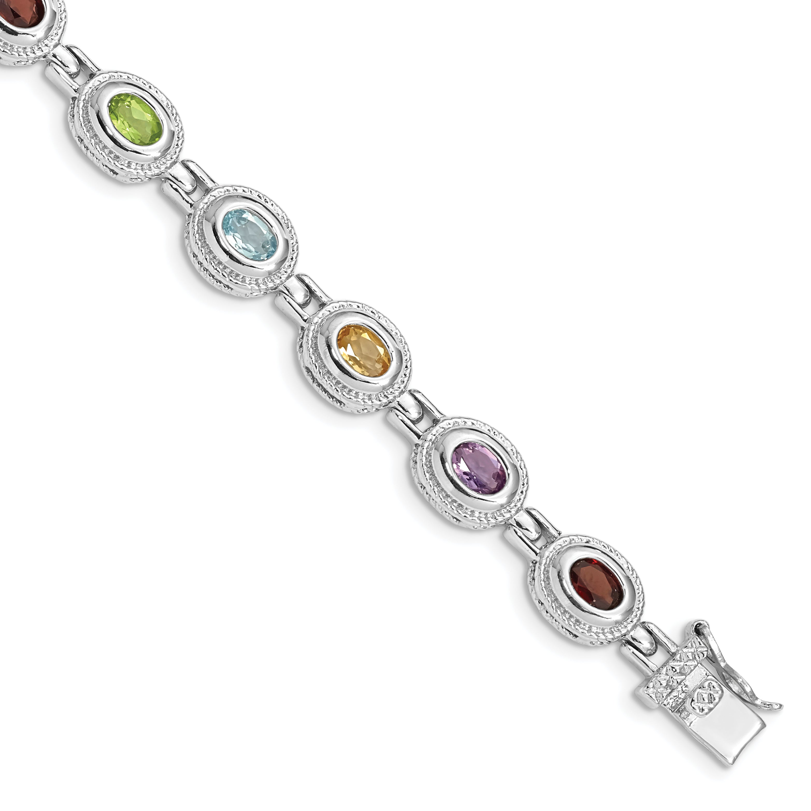 Sterling Silver Rhod-pltd 7inch Rainbow Multi-gemstone Bracelet