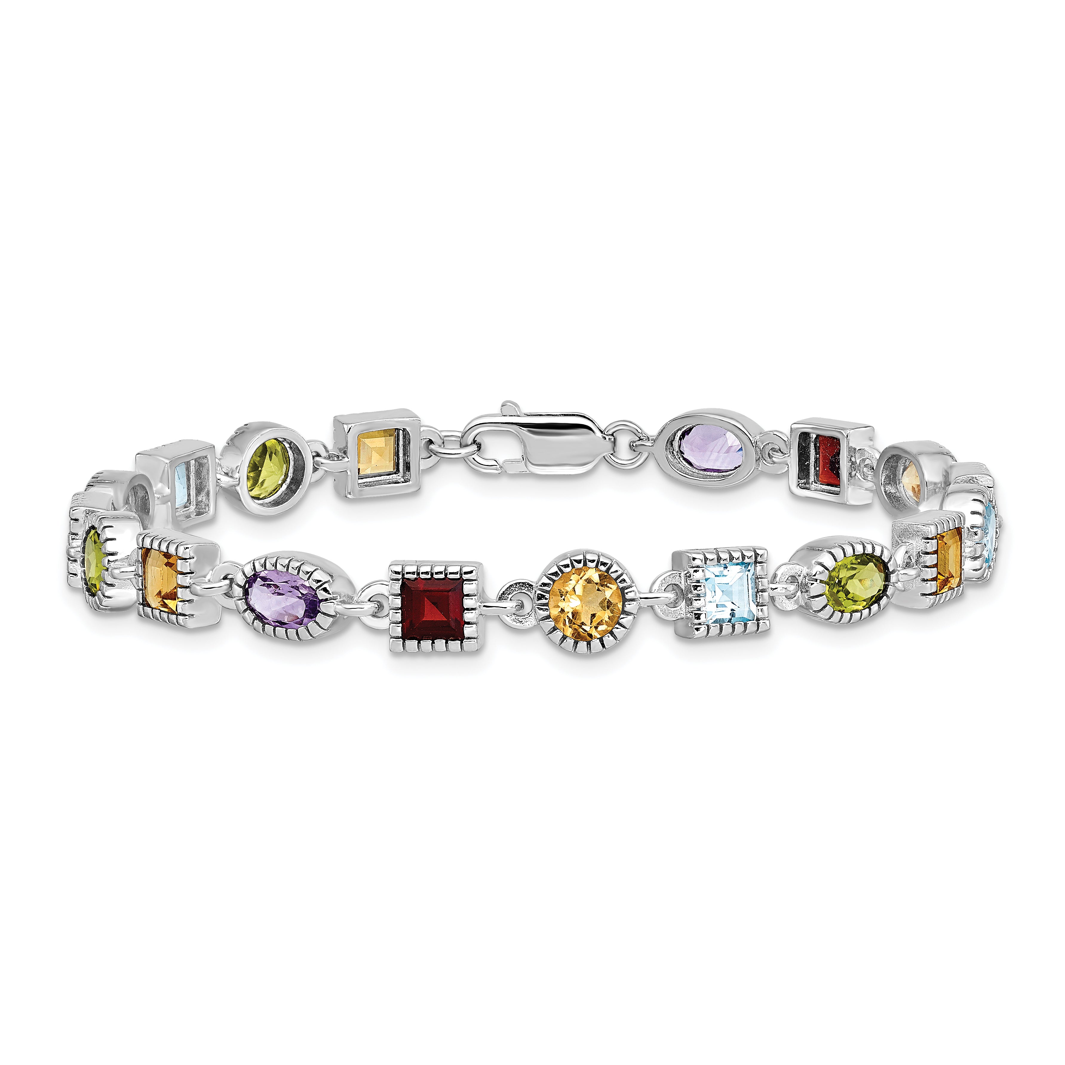 Sterling Silver 7inch Rhod Plated Rainbow Multi-gemstone Bracelet