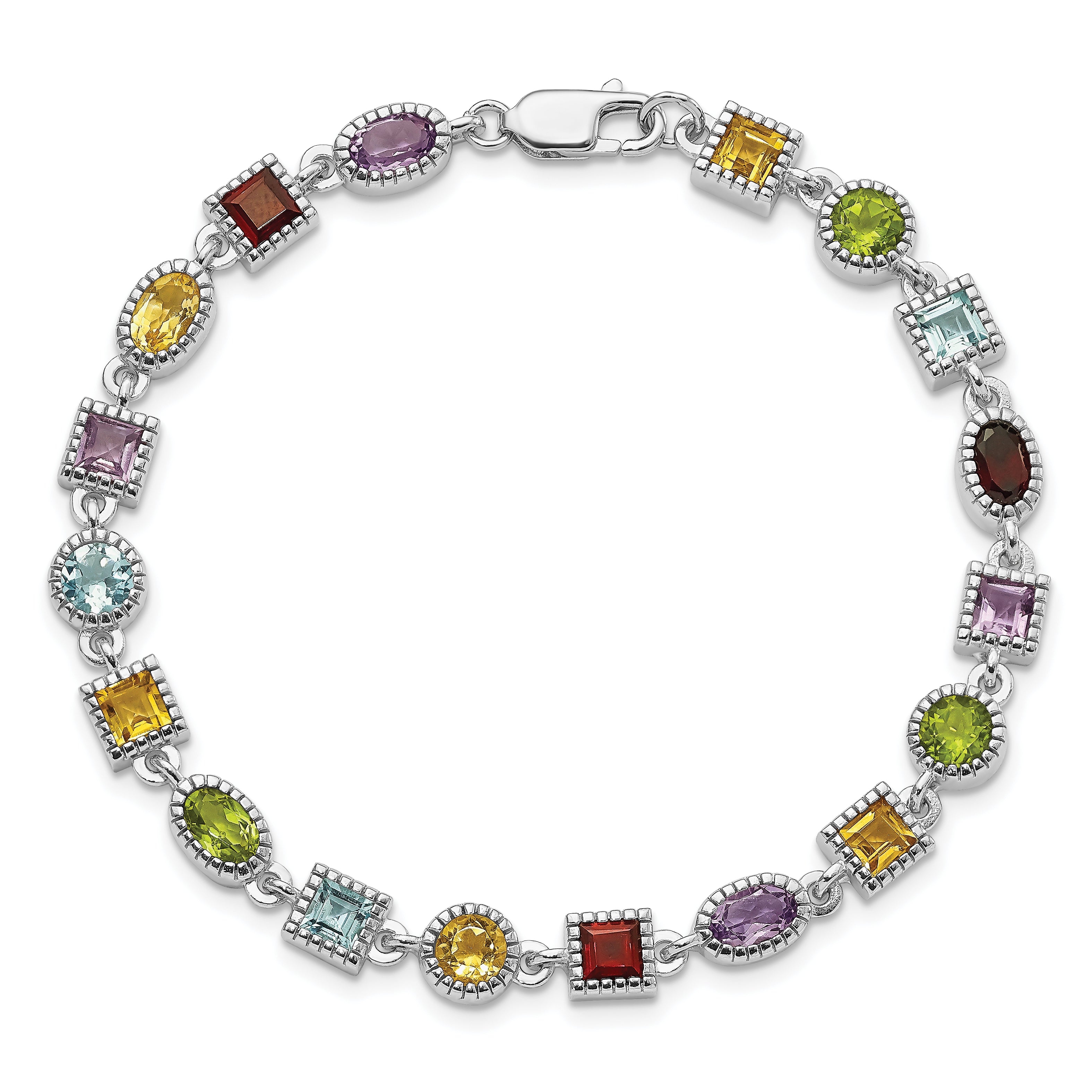 Sterling Silver 7inch Rhod Plated Rainbow Multi-gemstone Bracelet