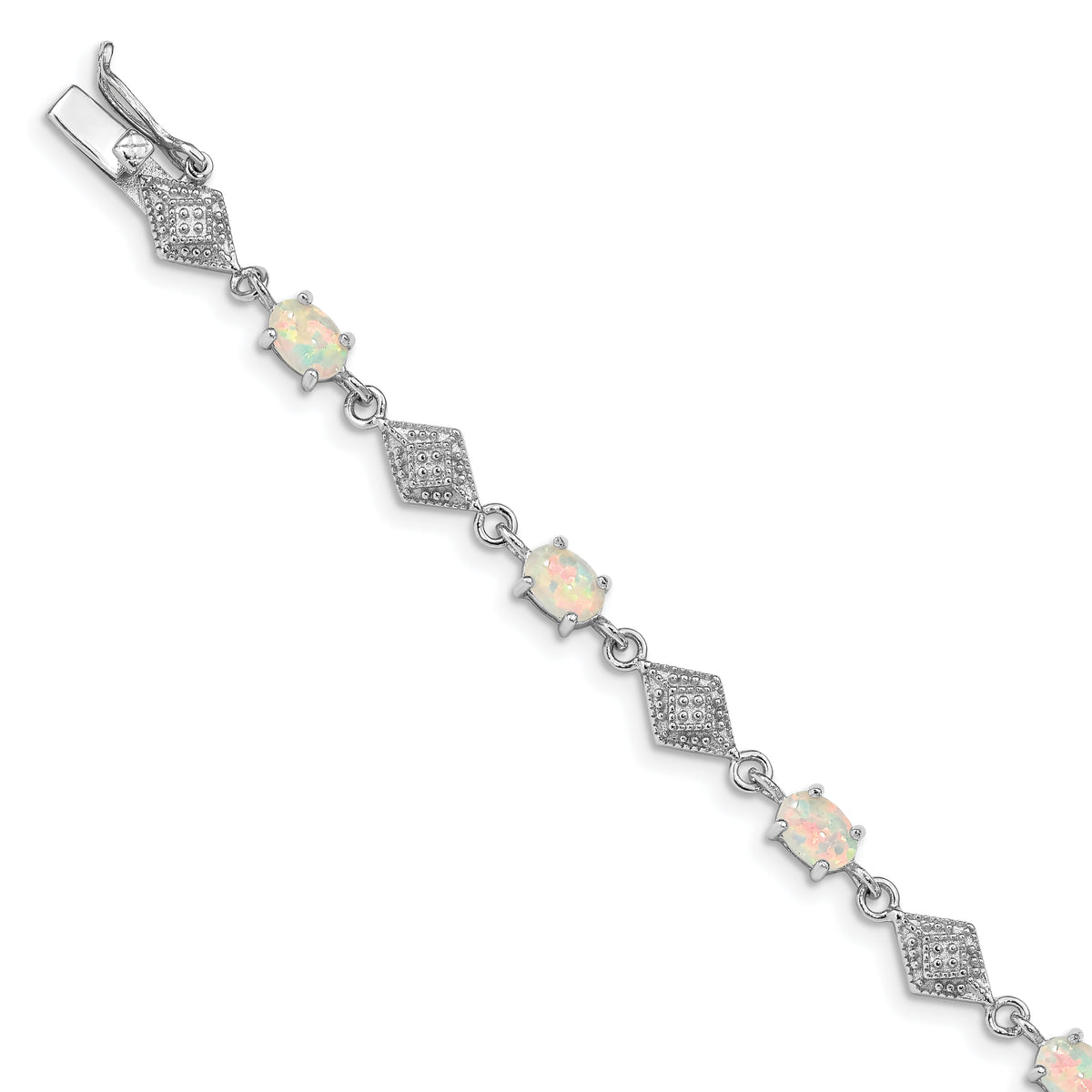 Sterling Silver Rhodium-plated White Created Opal and CZ Bracelet