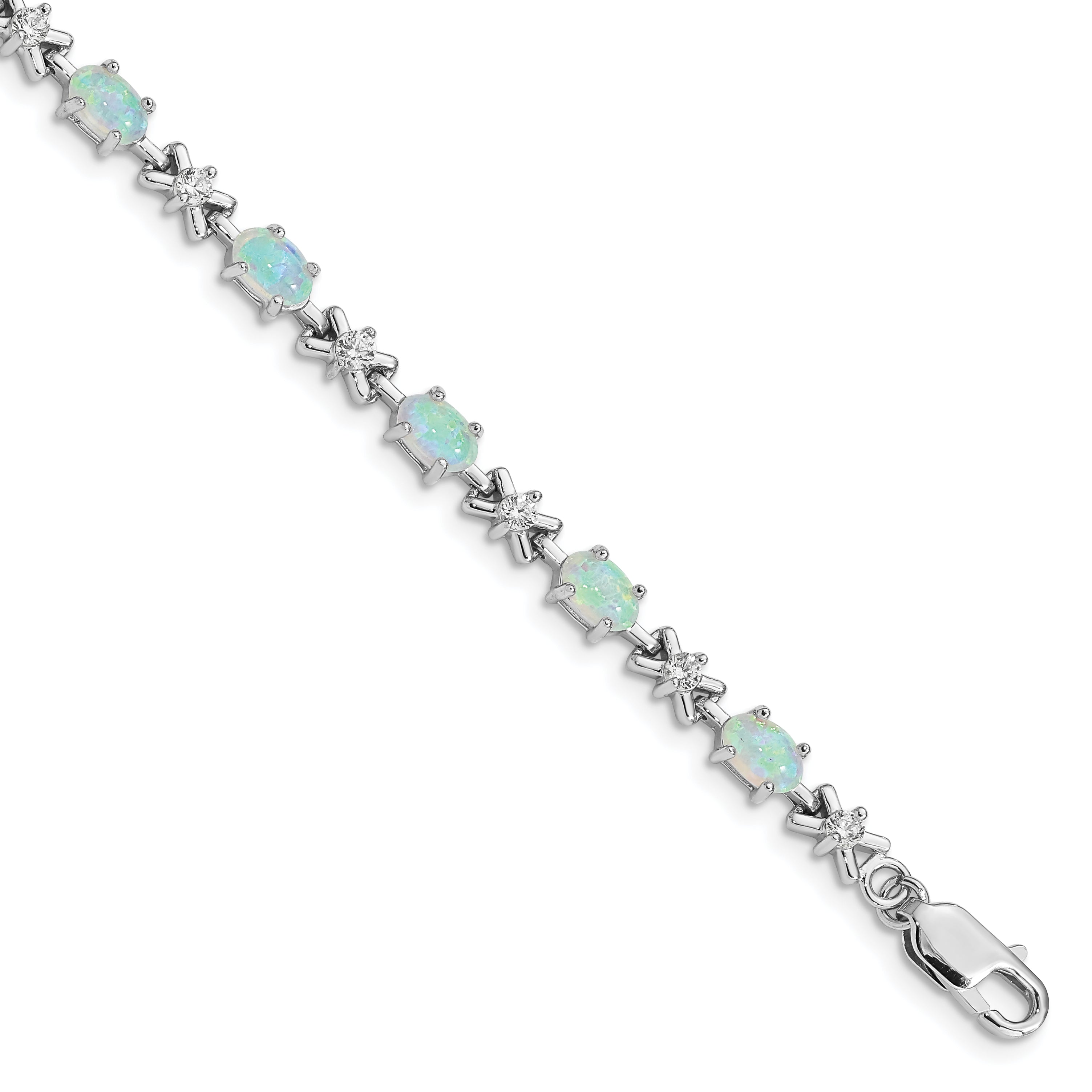 Sterling Silver Rhodium Plated 7inch CZ/Created Opal XO Bracelet