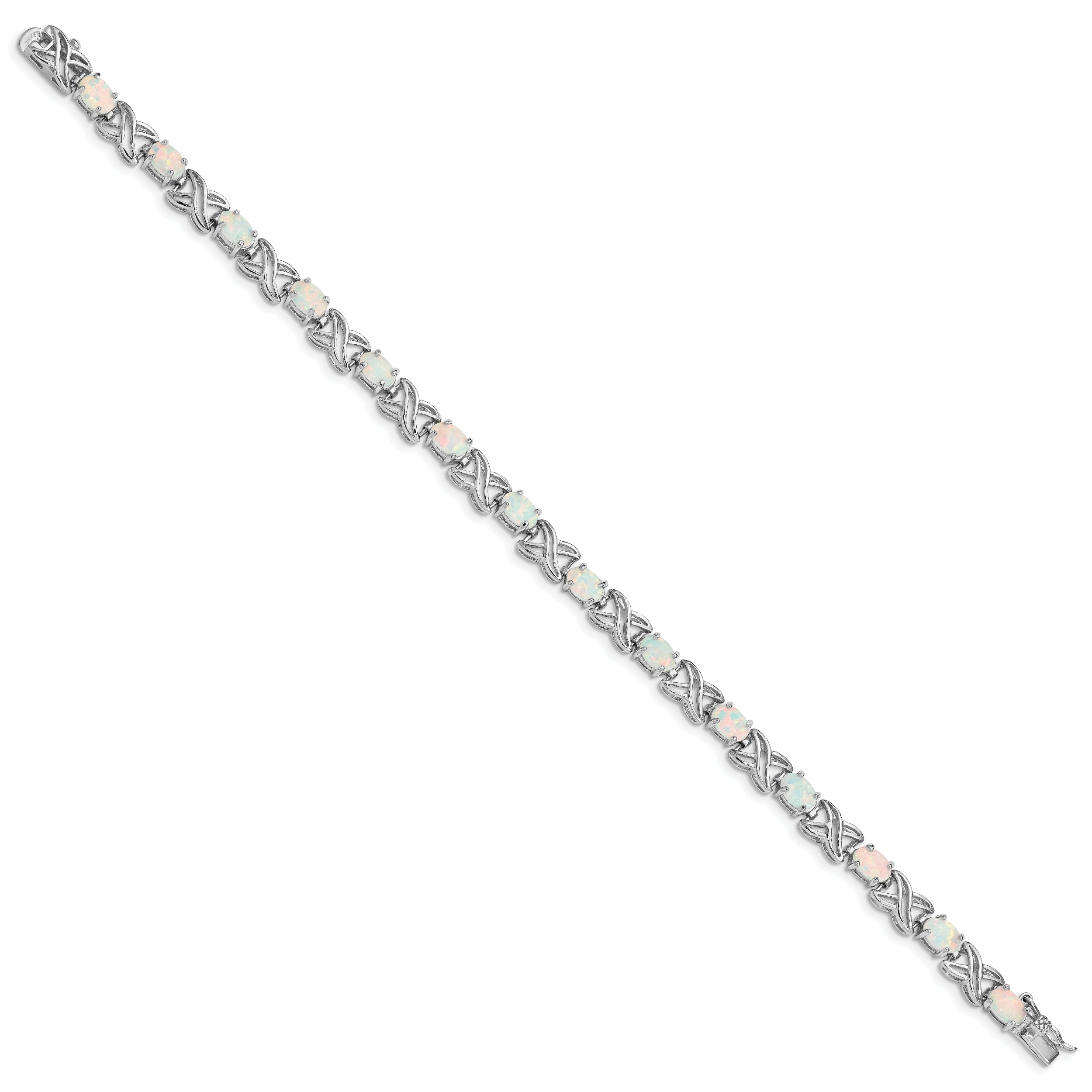 Sterling Silver Rhodium Plated 8.5 inch Created Opal XO Bracelet