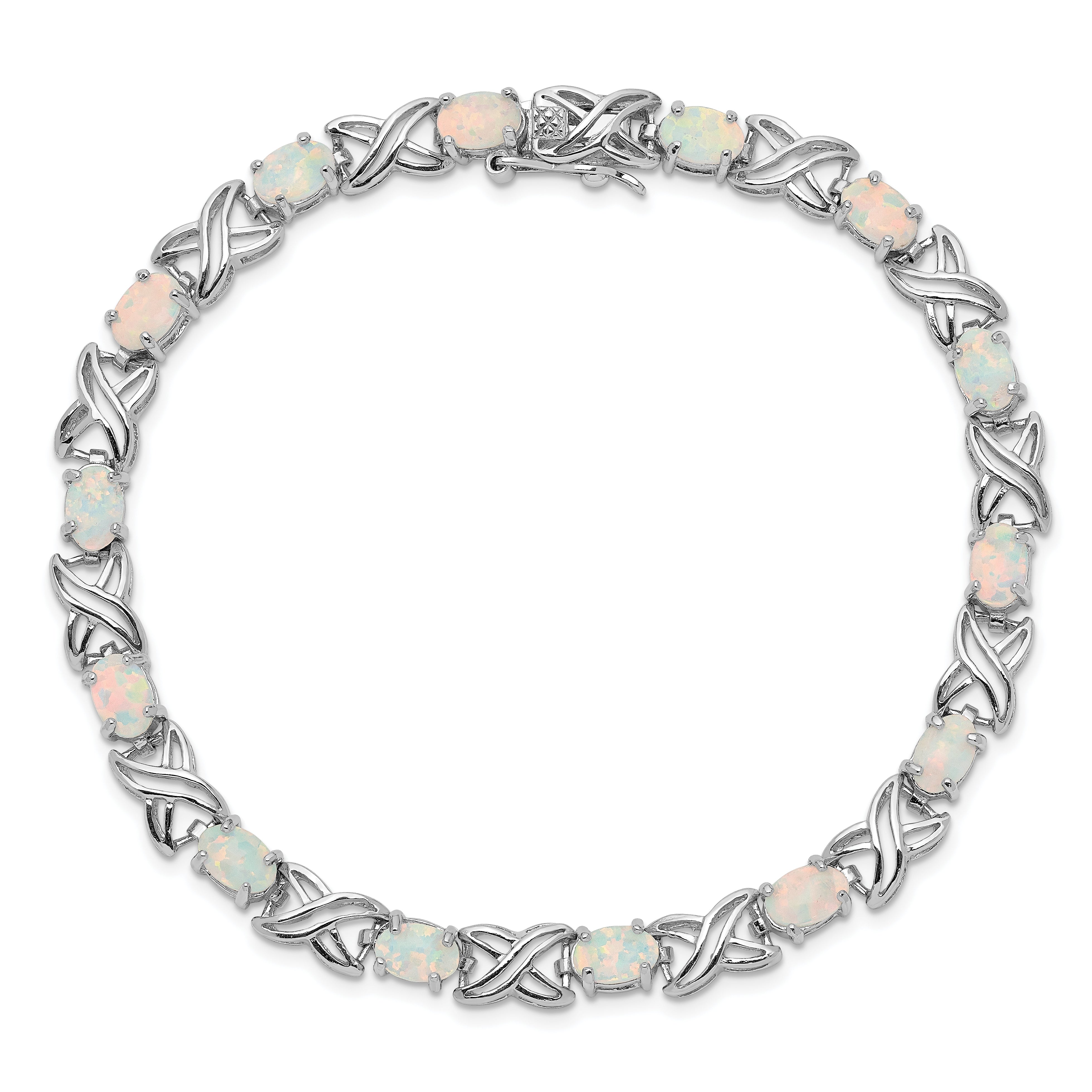 Sterling Silver Rhodium Plated 8.5 inch Created Opal XO Bracelet