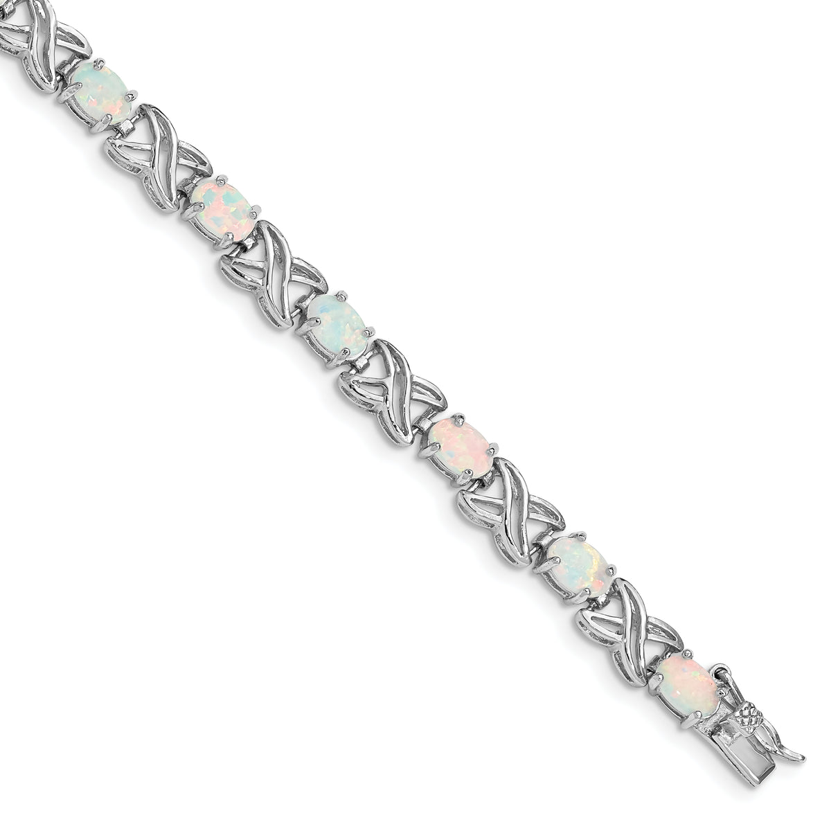 Sterling Silver Rhodium Plated 8.5 inch Created Opal XO Bracelet