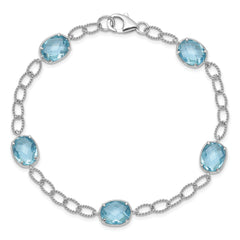 Sterling Silver Rhodium-plated Aqua Blue CZ Textured Link Bracelet