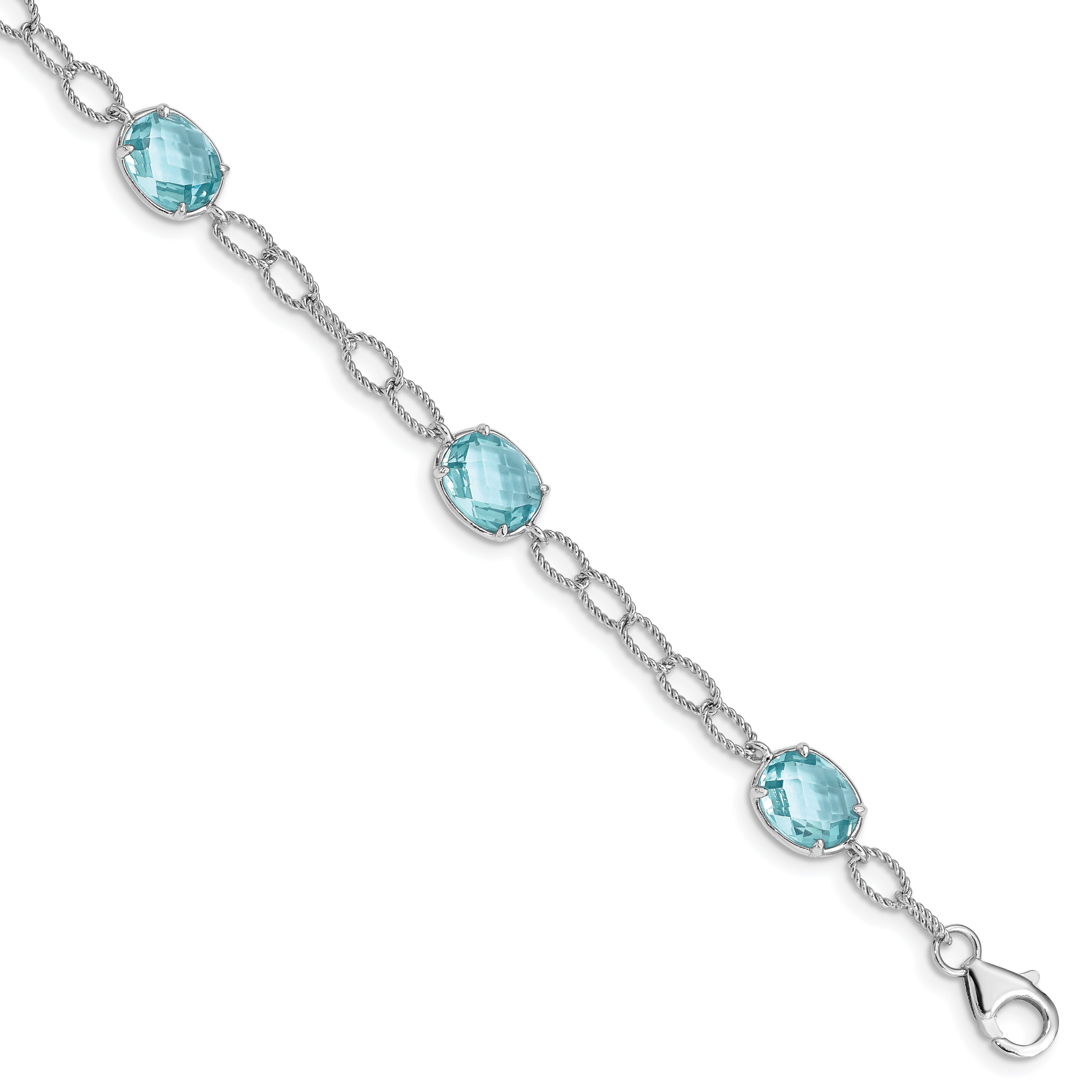 Sterling Silver Rhodium-plated Aqua Blue CZ Textured Link Bracelet