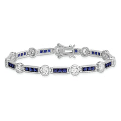 Sterling Silver Rhodium-plated Blue Glass and CZ 7.25 inch Bracelet