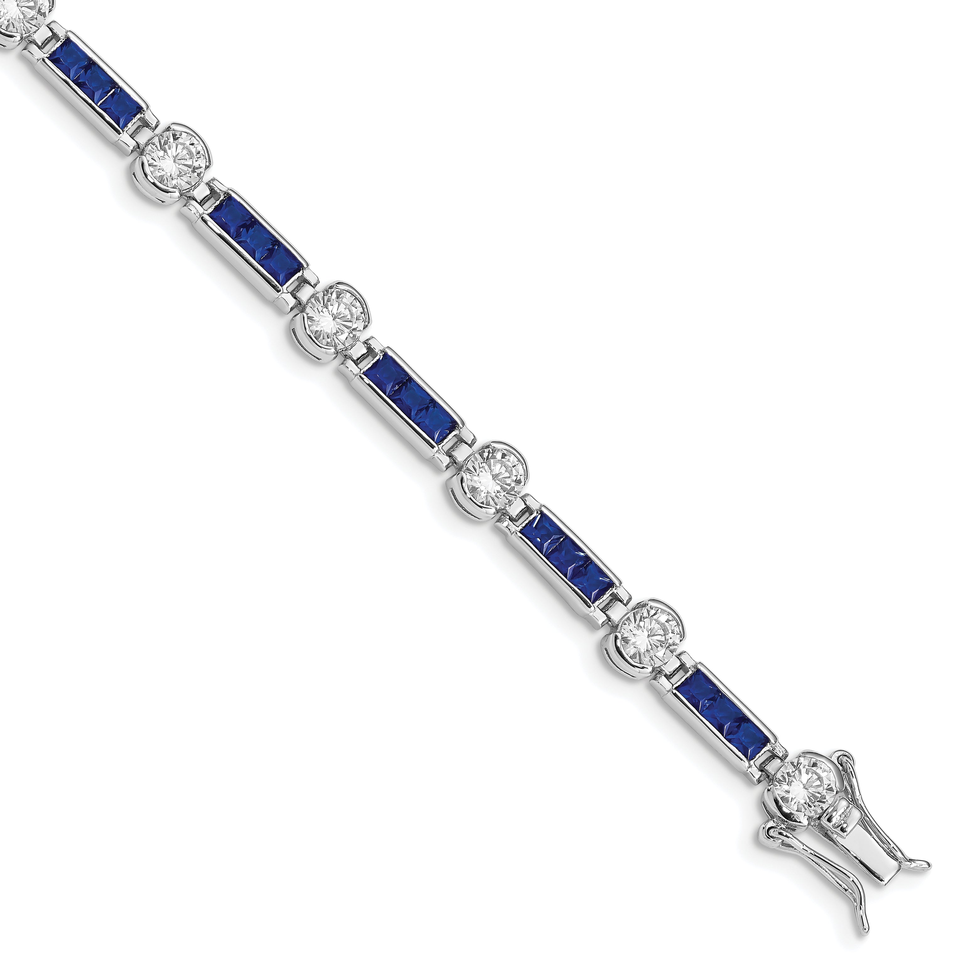 Sterling Silver Rhodium-plated Blue Glass and CZ 7.25 inch Bracelet