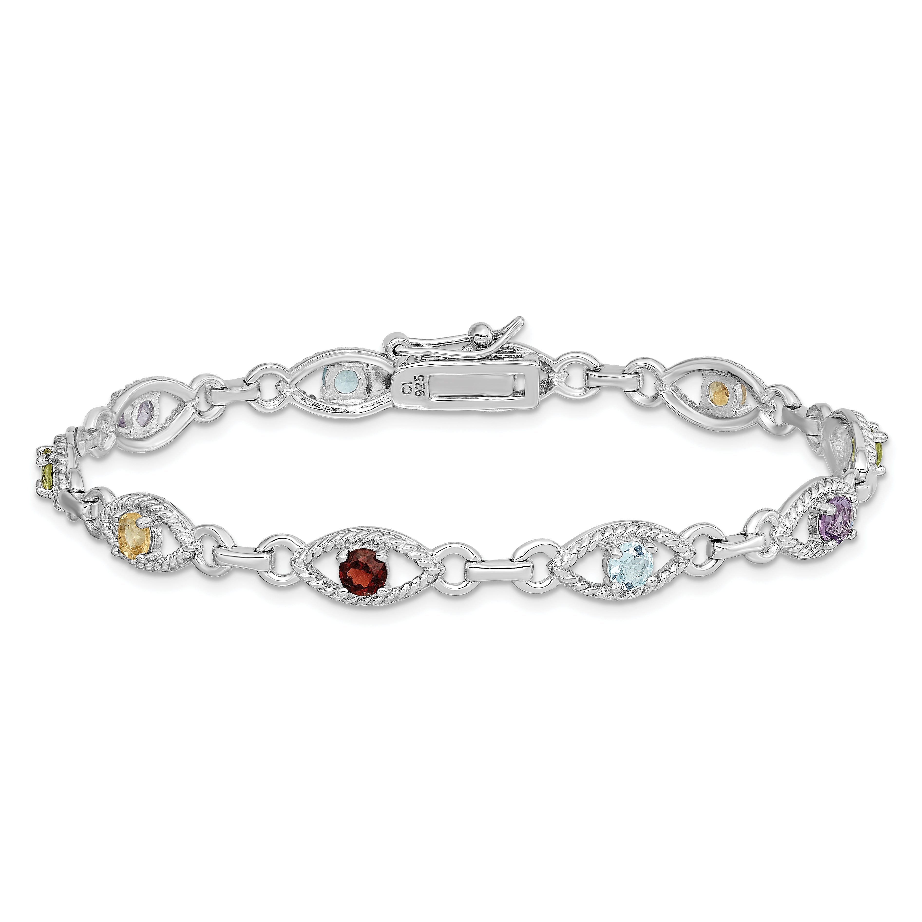 Sterling Silver 7in Rhod Plated Multicolored Gemstone Link Bracelet