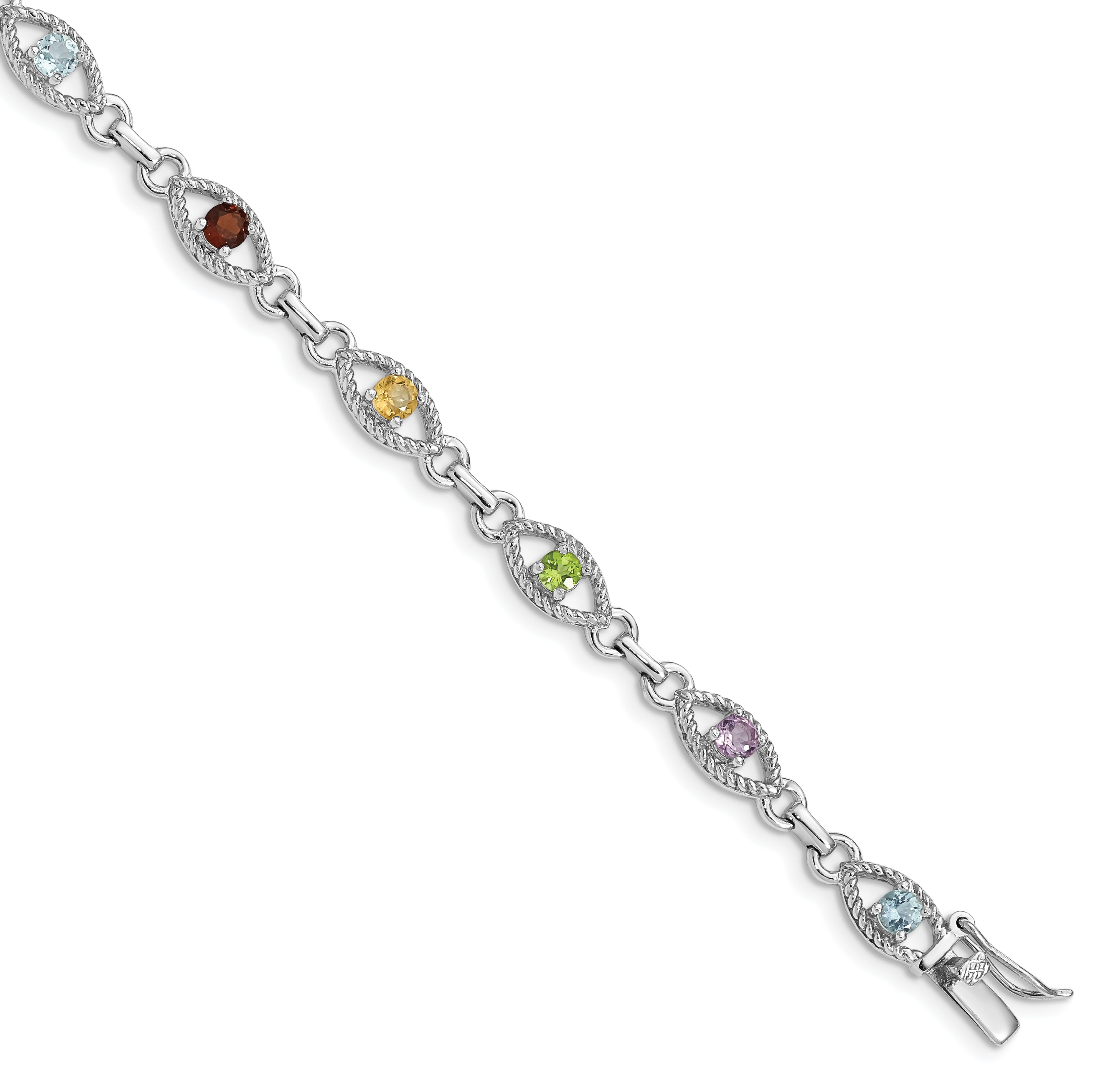 Sterling Silver 7in Rhod Plated Multicolored Gemstone Link Bracelet