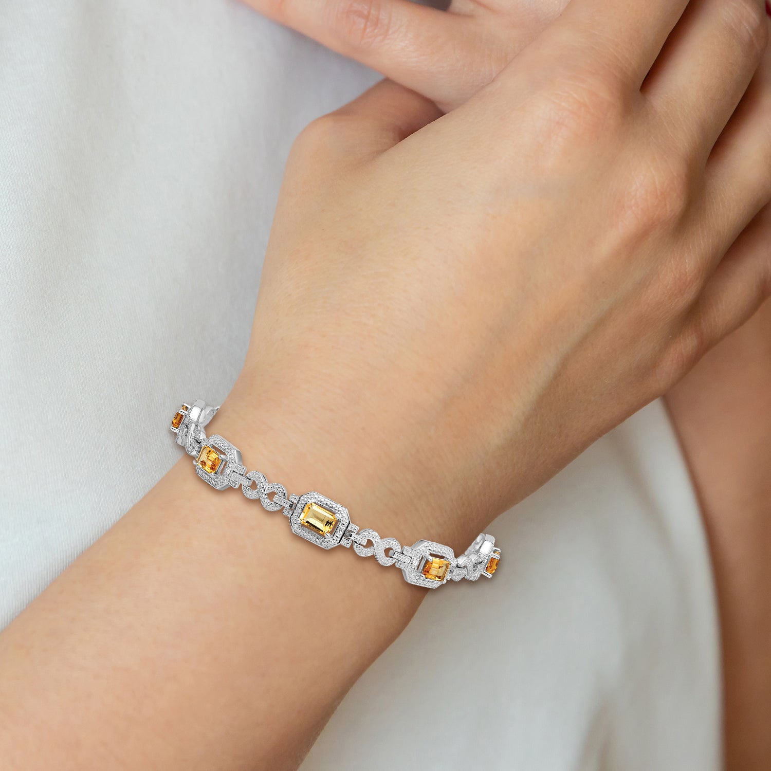 Sterling Silver Rhodium-plated Diamond & Citrine Bracelet