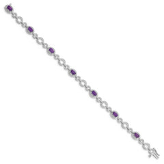 Sterling Silver Rhodium-plated Diamond & Amethyst Oval Link Bracelet