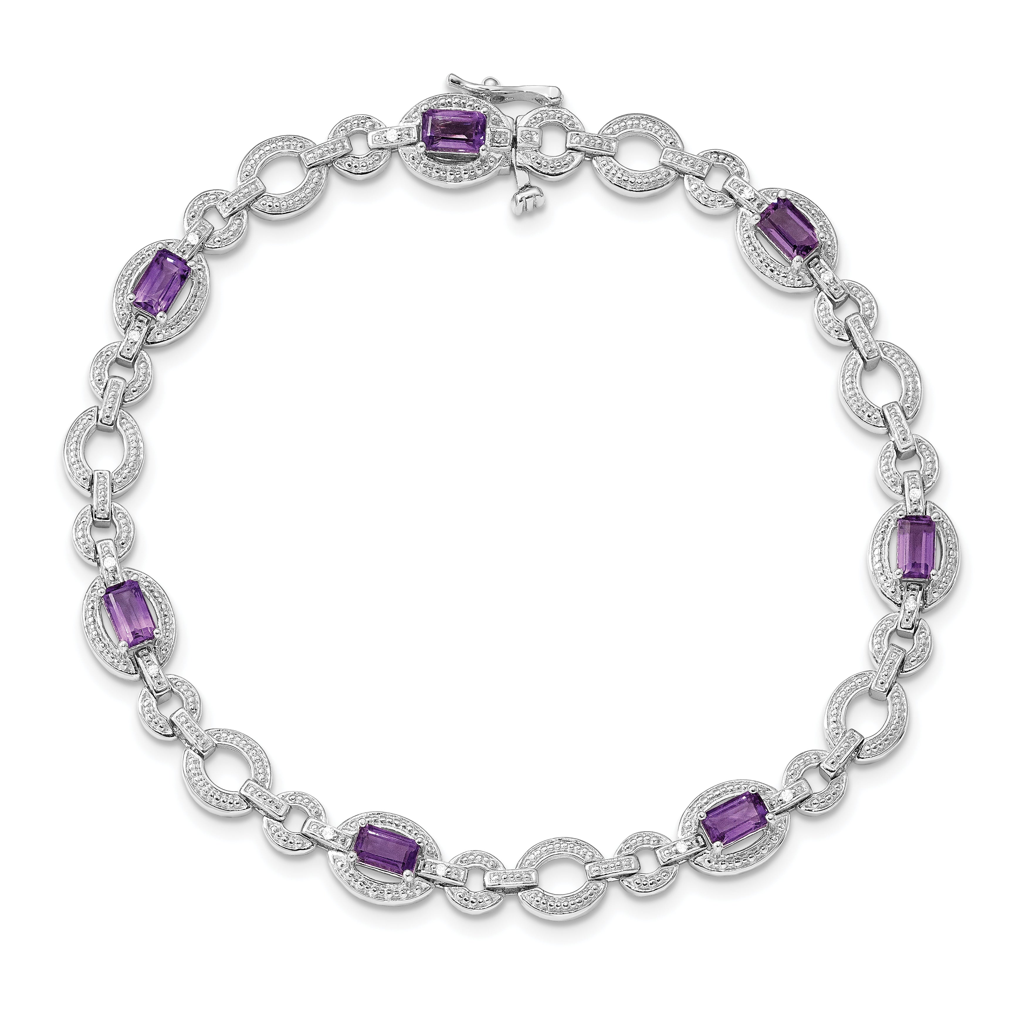 Sterling Silver Rhodium-plated Diamond & Amethyst Oval Link Bracelet