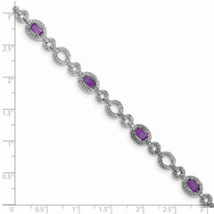 Sterling Silver Rhodium-plated Diamond & Amethyst Oval Link Bracelet