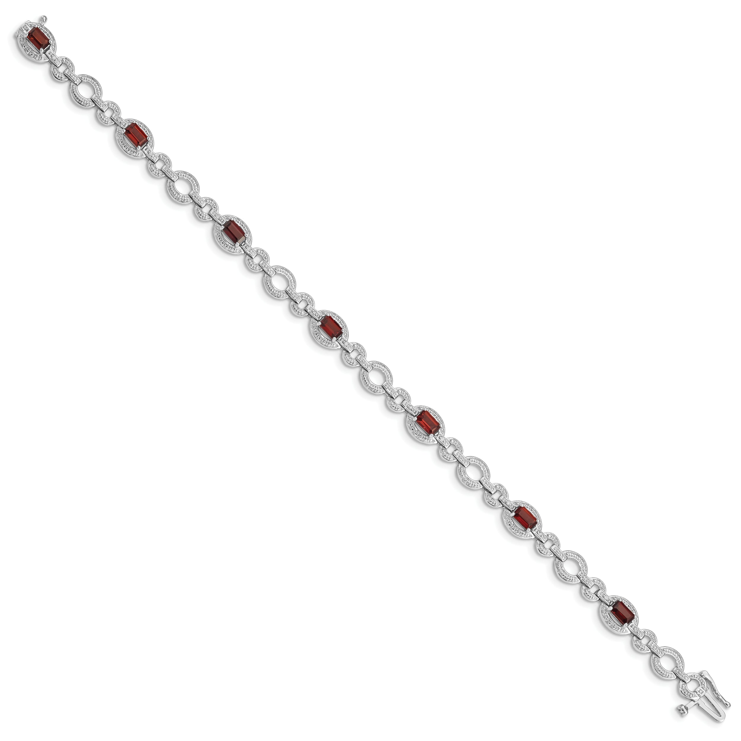 Sterling Silver Rhodium-plated Diamond & Garnet Oval Link Bracelet