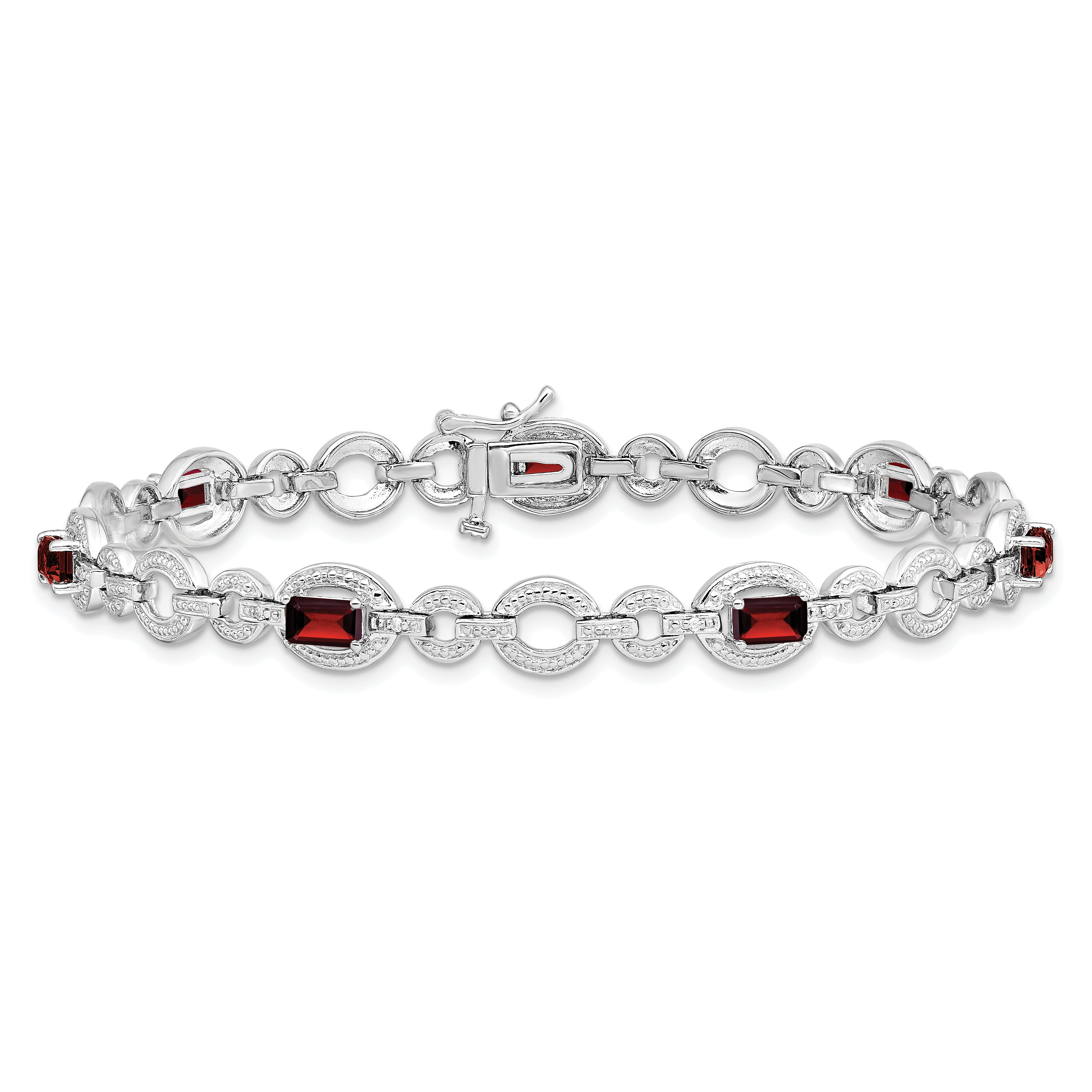 Sterling Silver Rhodium-plated Diamond & Garnet Oval Link Bracelet