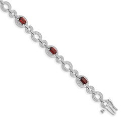 Sterling Silver Rhodium-plated Diamond & Garnet Oval Link Bracelet