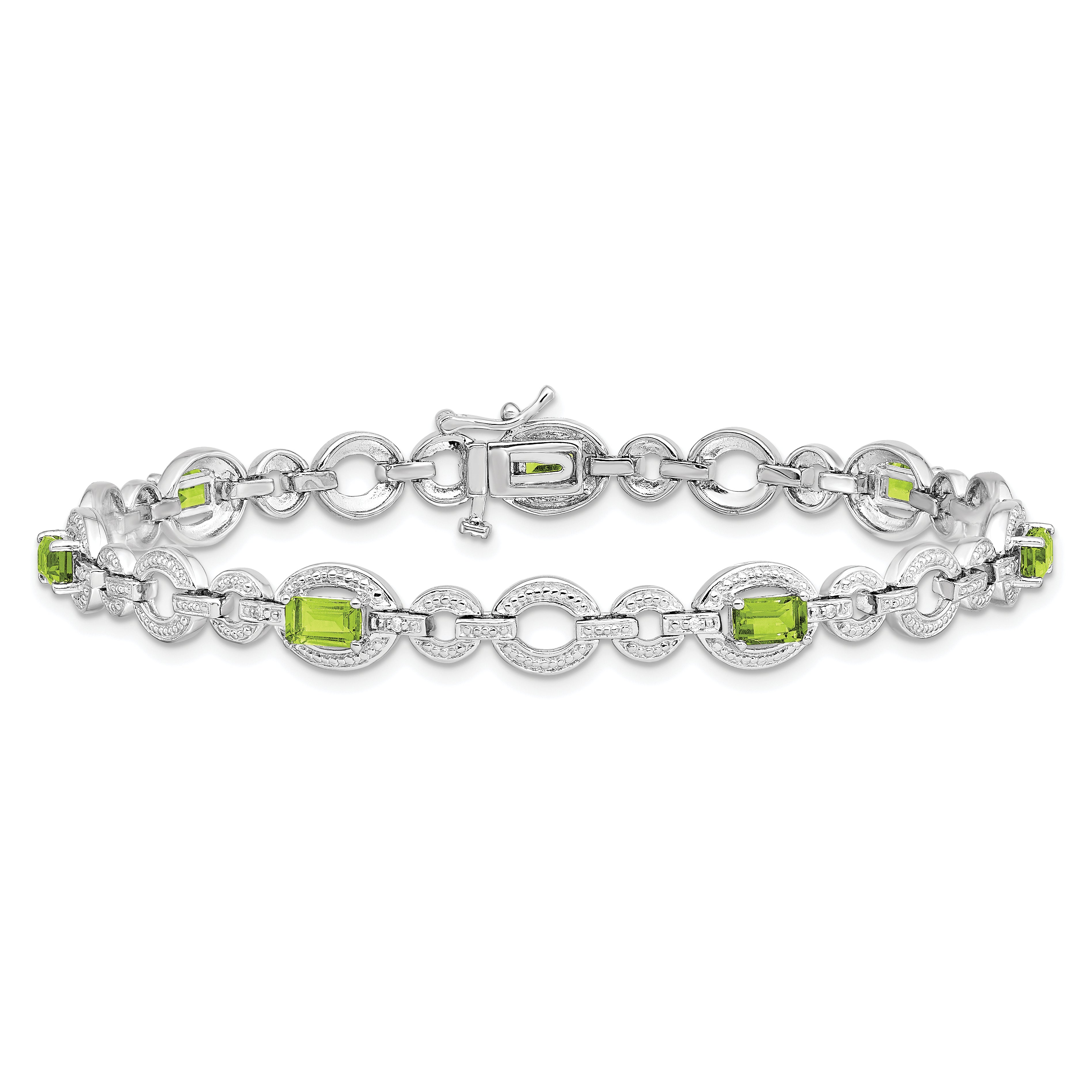 Sterling Silver Rhodium-plated Diamond & Peridot Oval Link Bracelet