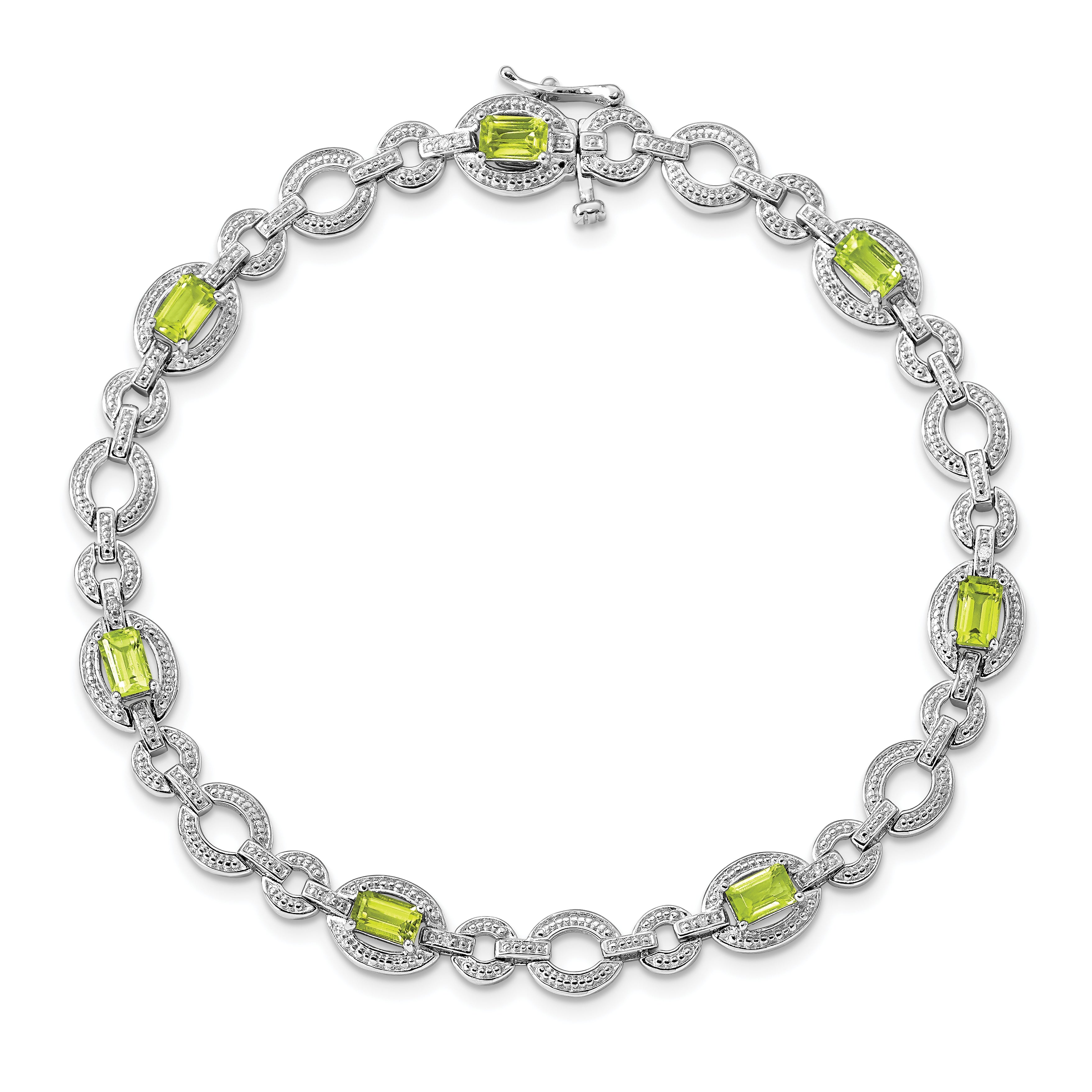 Sterling Silver Rhodium-plated Diamond & Peridot Oval Link Bracelet